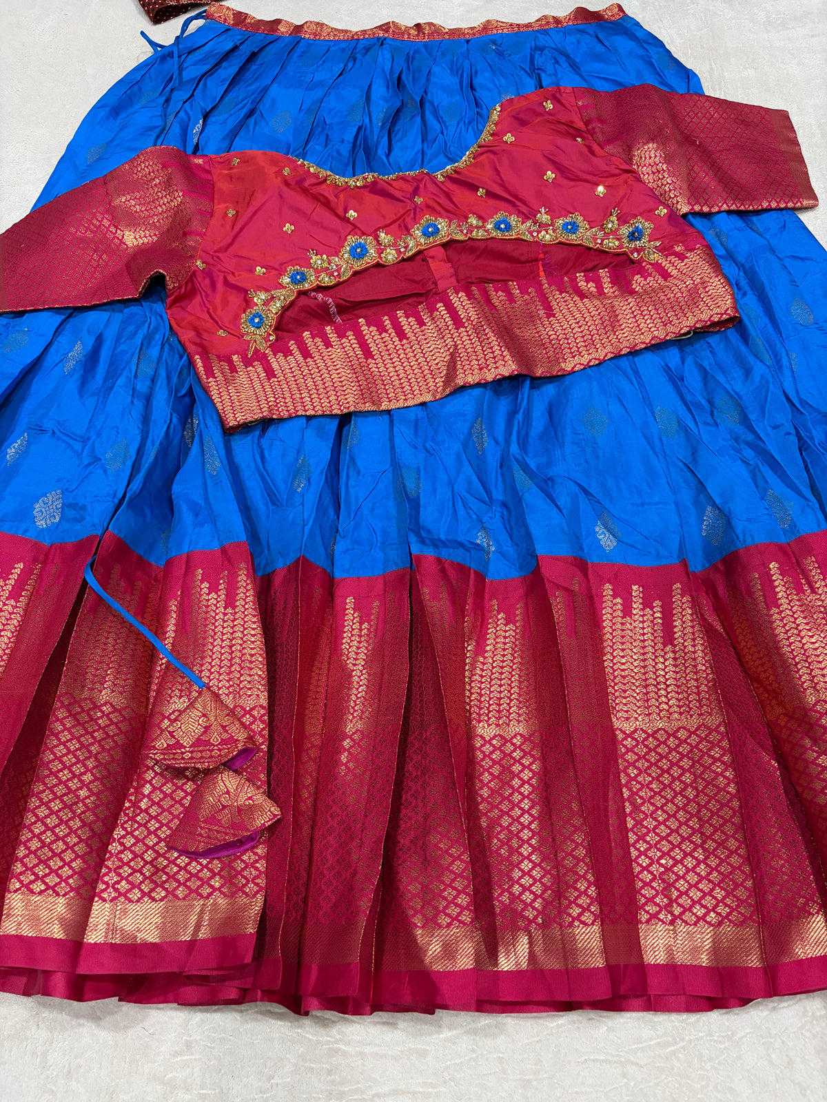 Royal Blue & Magenta Semi Kanchi Pattu Lehenga Set