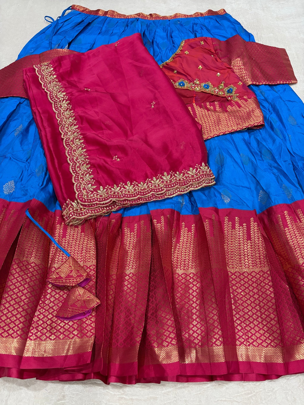 Royal Blue & Magenta Semi Kanchi Pattu Lehenga Set