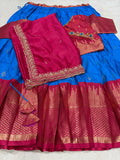 Royal Blue & Magenta Semi Kanchi Pattu Lehenga Set