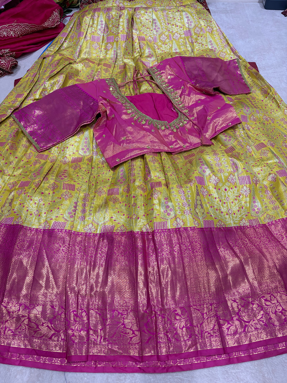 Yellow gold brocade lehenga skirt with pink blouse and dupatta - full set