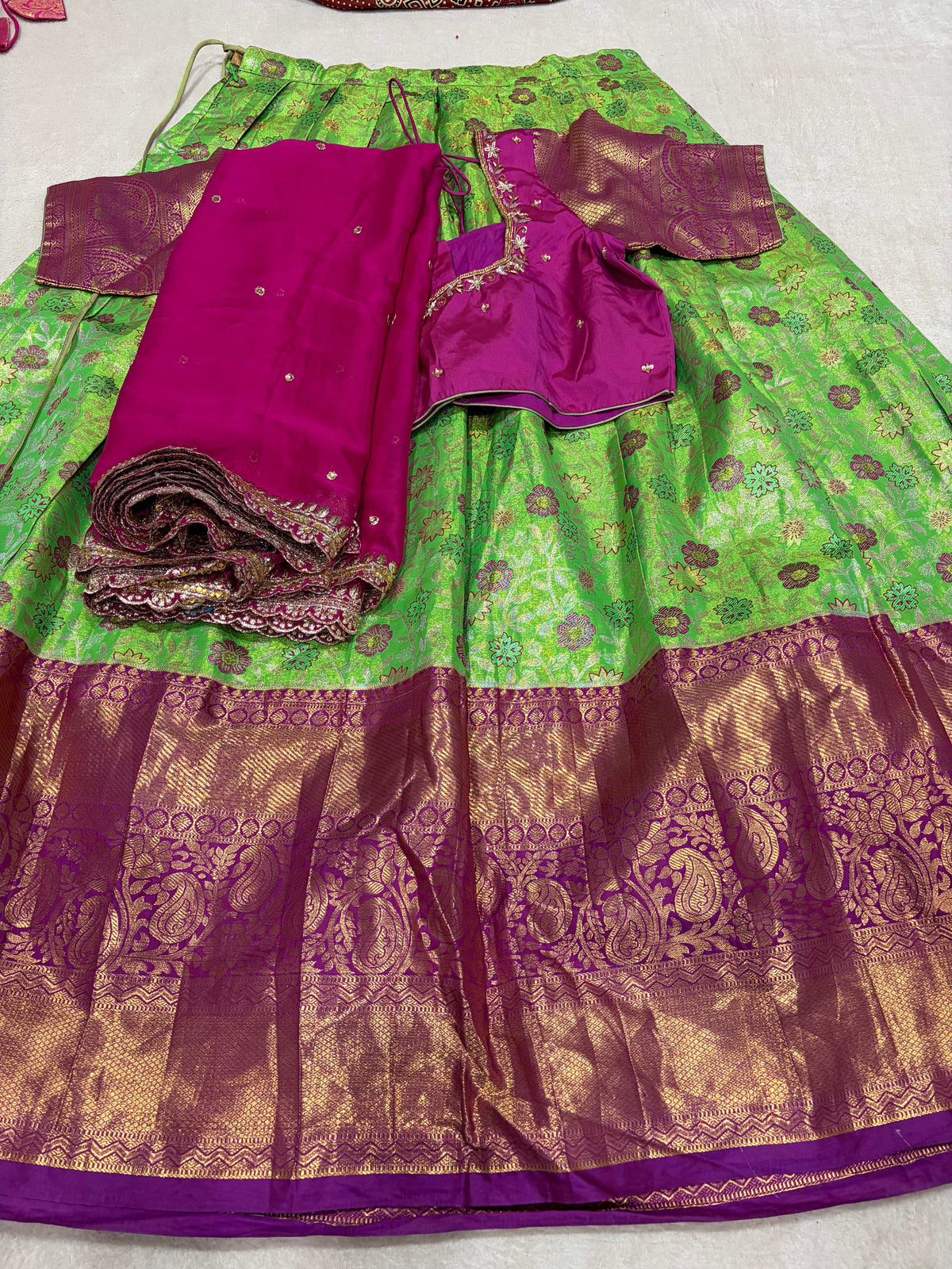 Parrot green lehenga full set with purple blouse and dupatta
