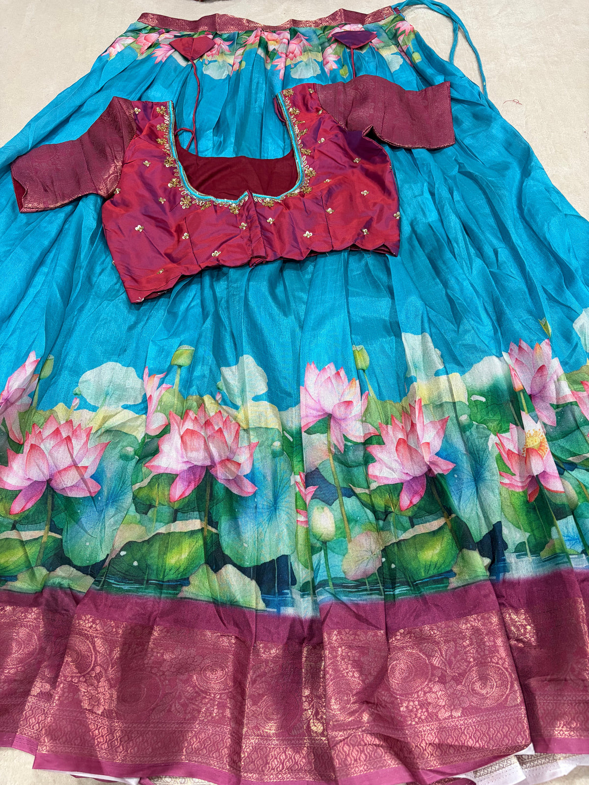 Teal Lotus Print Lehenga Set full view with blouse
