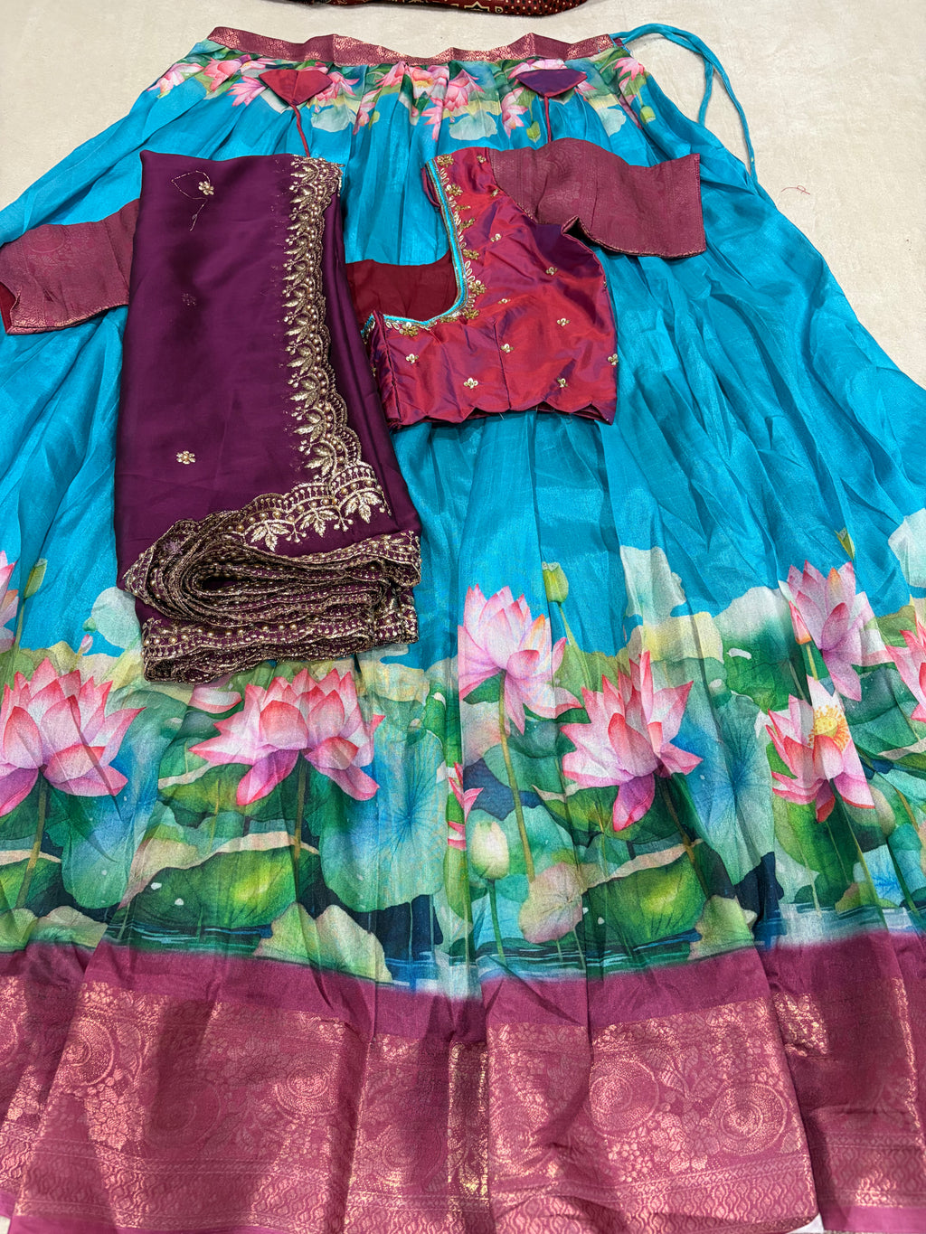Teal Lotus Print Lehenga Set with Maroon Blouse