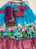 Teal Lotus Print Lehenga Set with Maroon Blouse