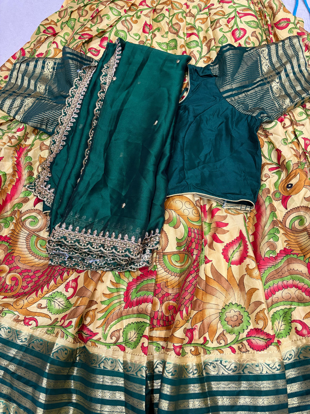 Cream Kalamkari lehenga full set with bottle green blouse and dupatta