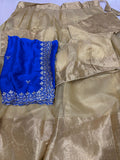 Golden tissue lehenga set with royal blue embroidered dupatta