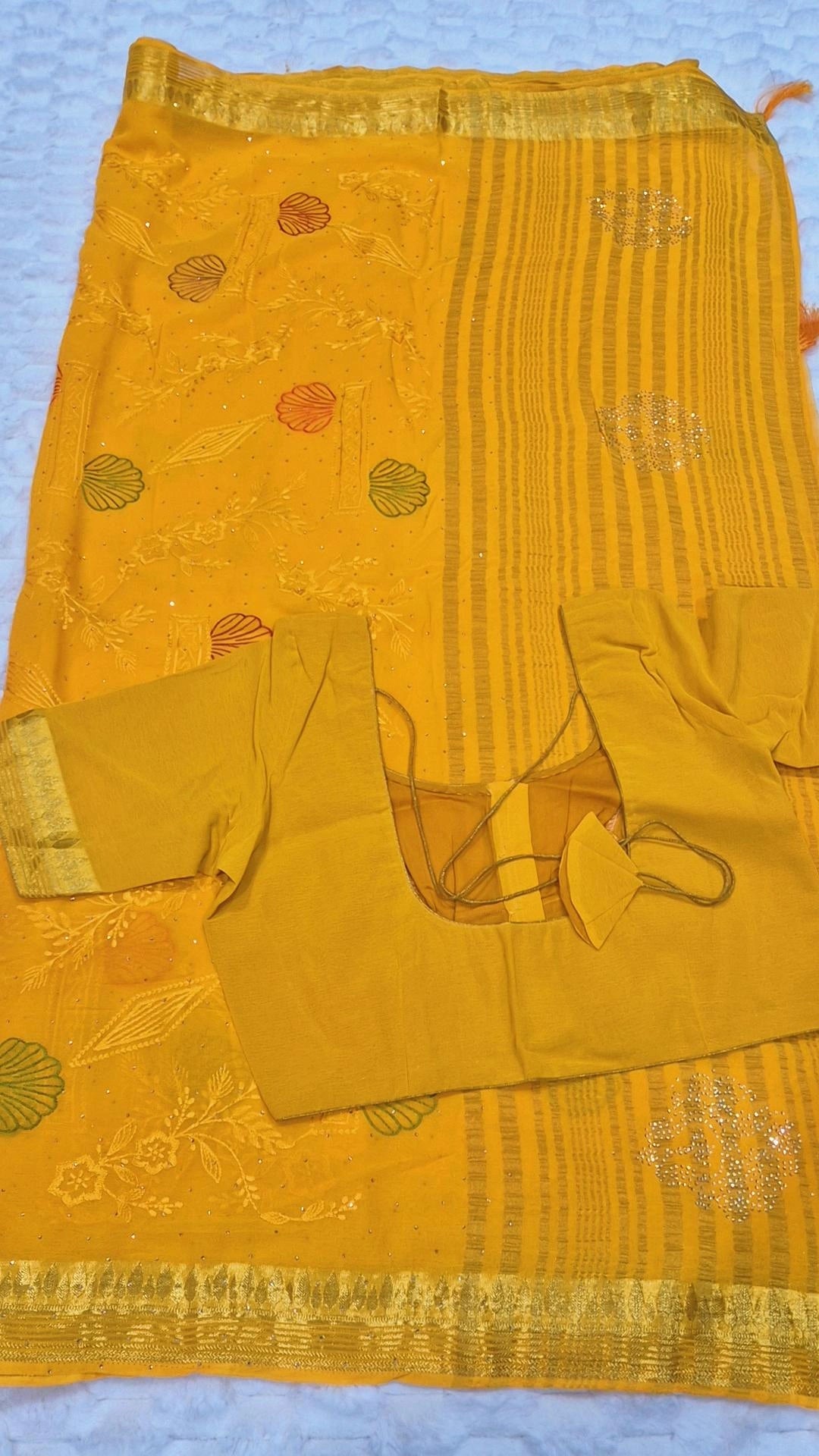 Mustard Yellow Embroidered Viscose Georgette Saree with Blouse