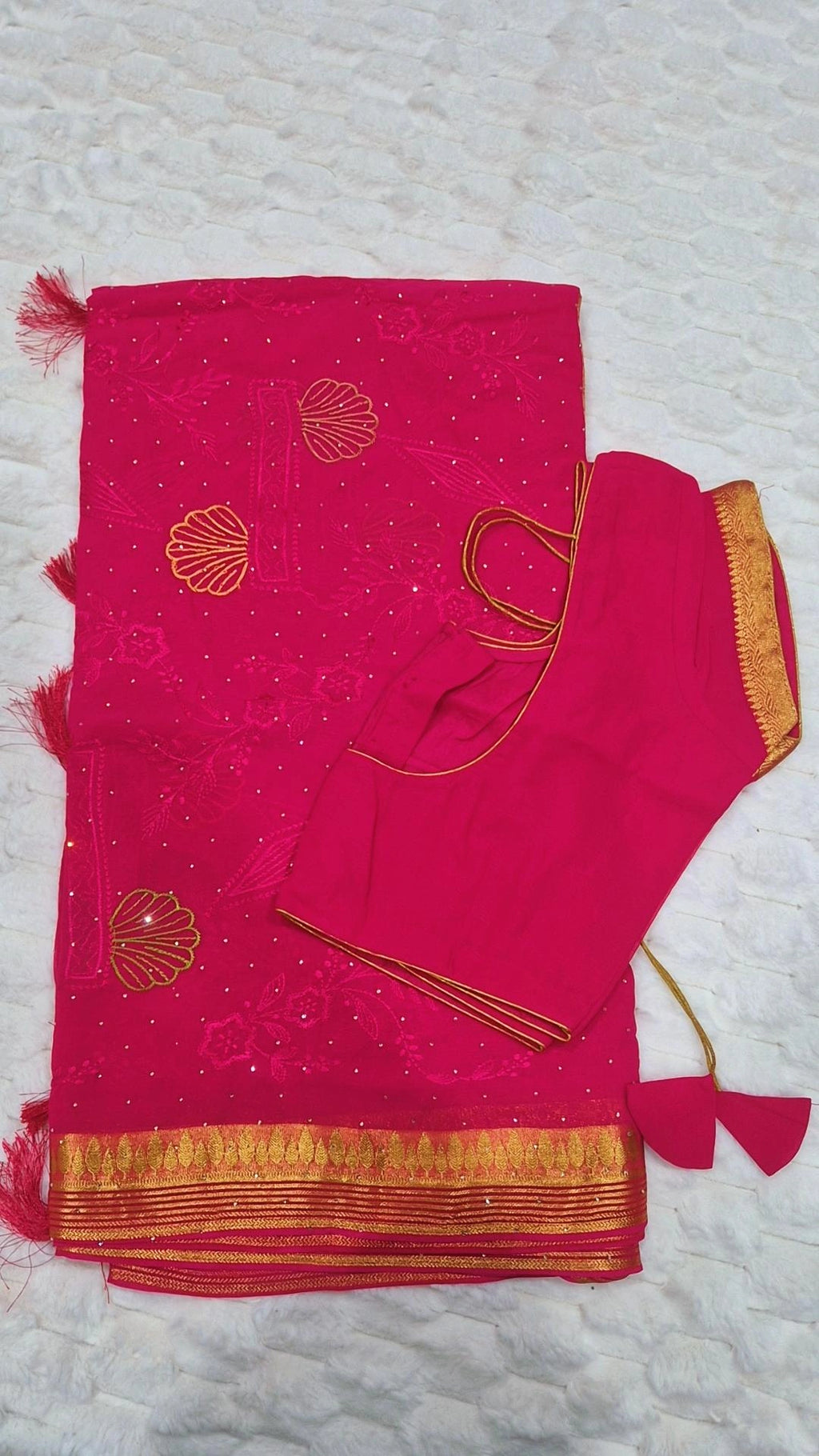 Hot Pink Sun Floral Embroidered Viscose Georgette Saree with Blouse