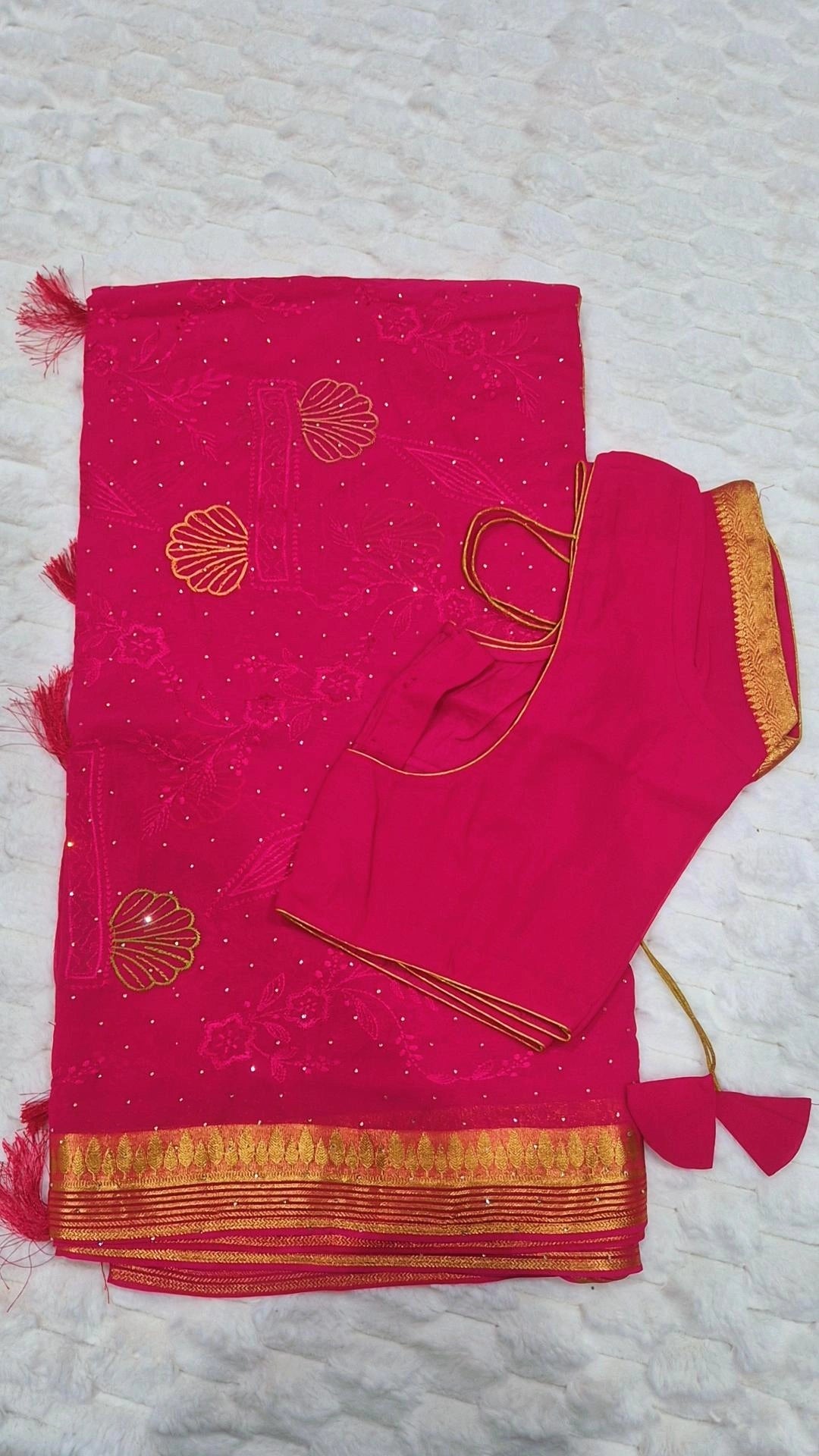 Hot Pink Sun Floral Embroidered Viscose Georgette Saree with Blouse