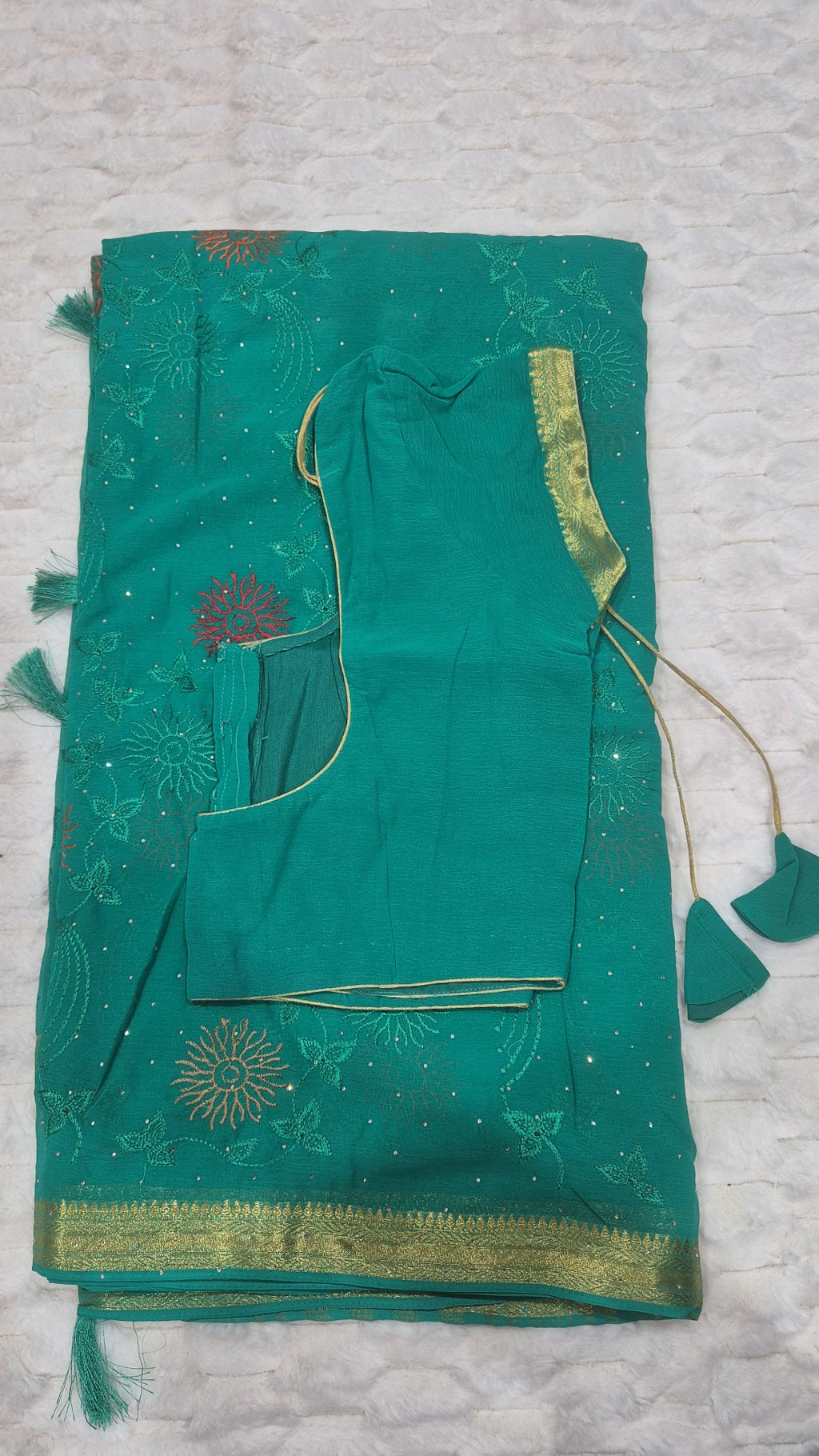 Teal Green Sun Floral Embroidered Viscose Georgette Saree with Blouse