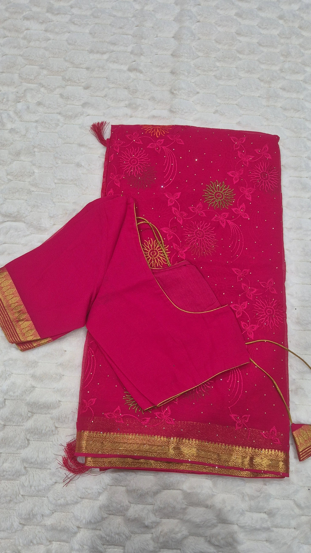 Hot Pink Shell Motif Embroidered Viscose Georgette Saree