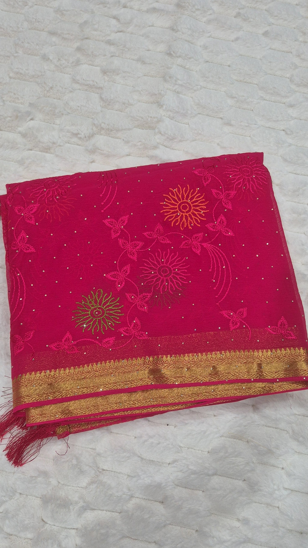 Hot Pink Shell Motif Embroidered Viscose Georgette Saree