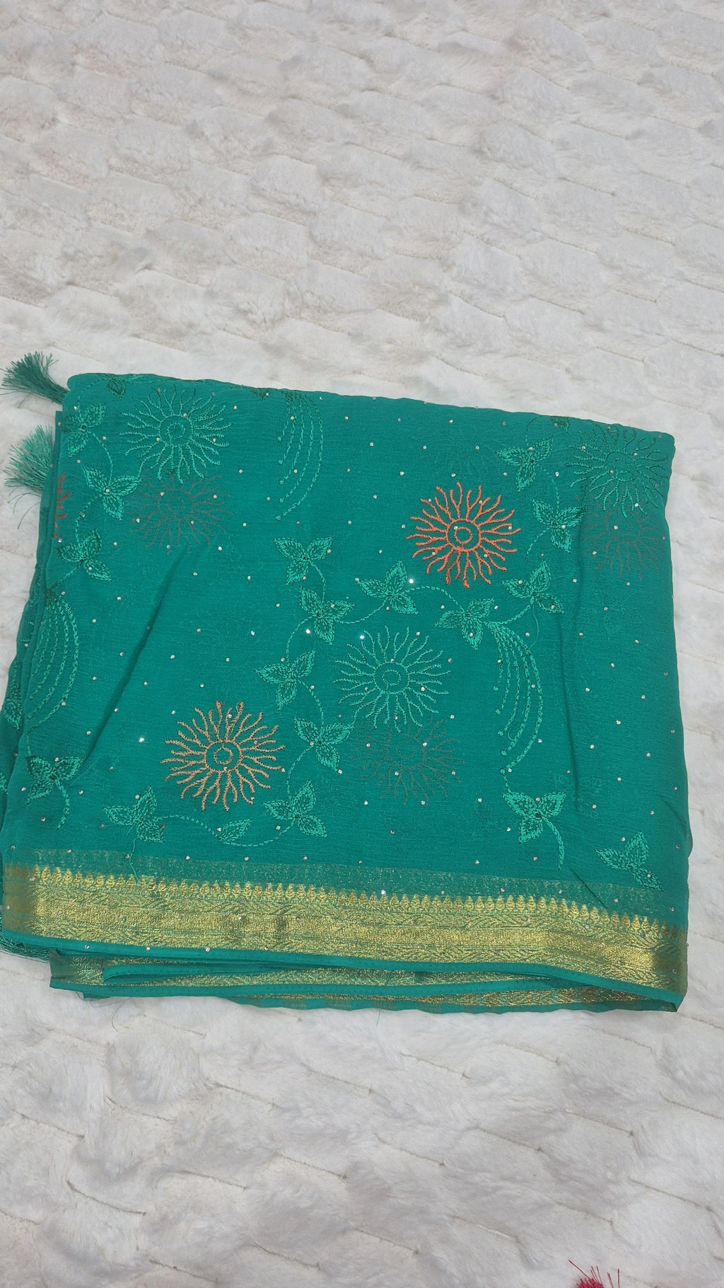 Teal Green Sun Floral Embroidered Viscose Georgette Saree with Blouse