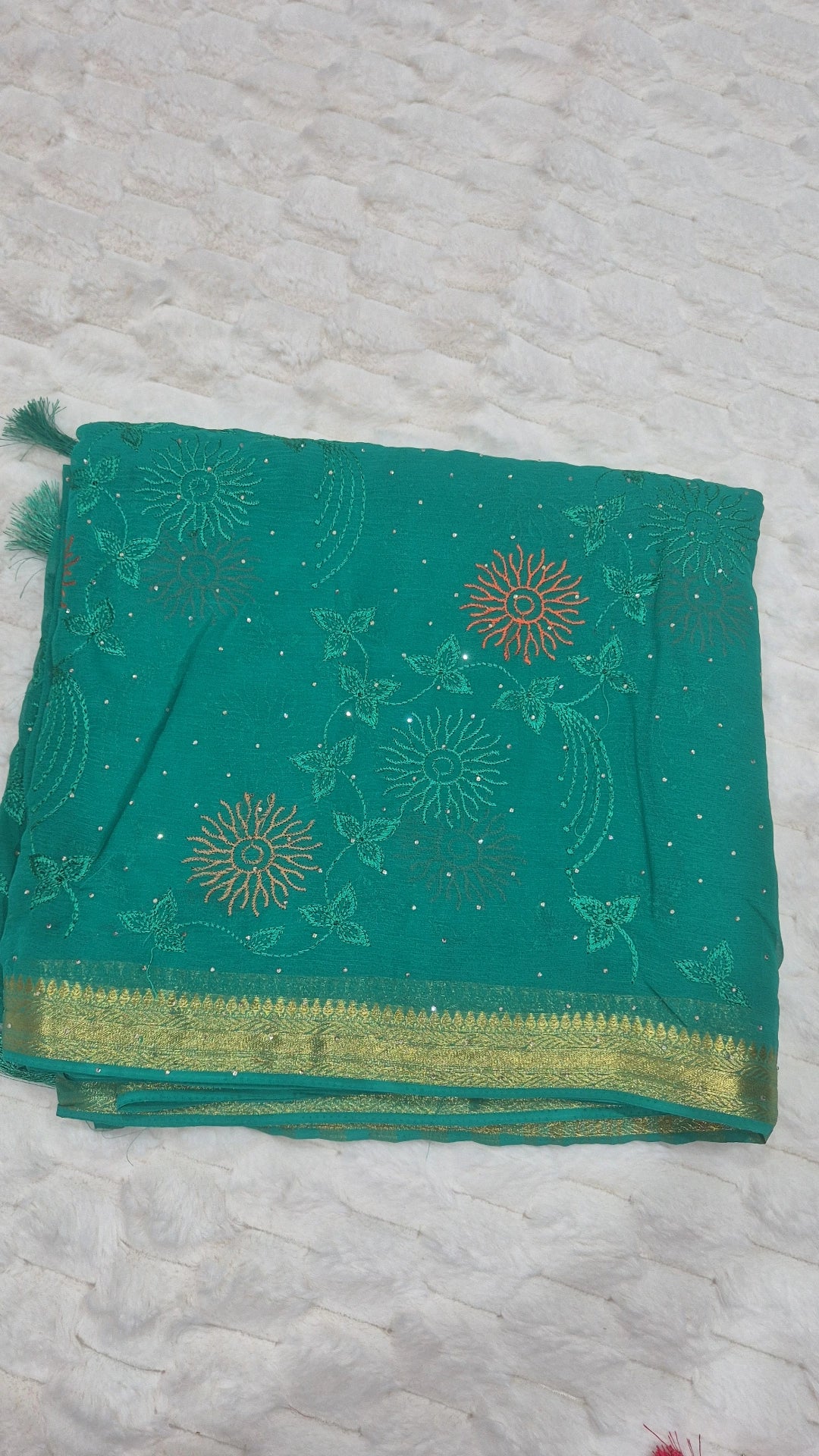 Teal Green Sun Floral Embroidered Viscose Georgette Saree with Blouse