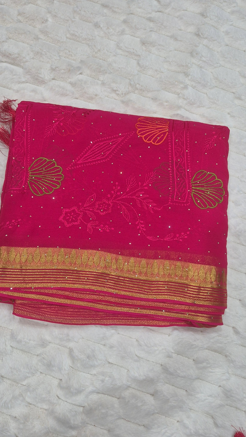 Hot Pink Sun Floral Embroidered Viscose Georgette Saree with Blouse