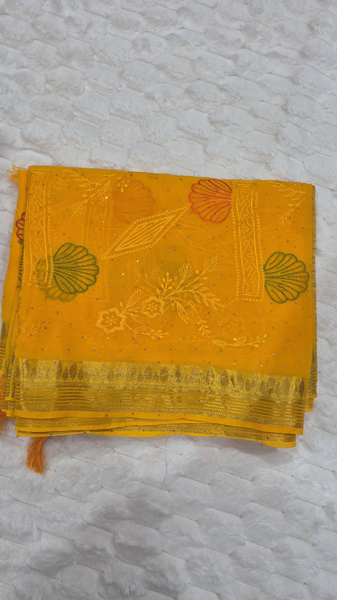 Mustard Yellow Embroidered Viscose Georgette Saree with Blouse