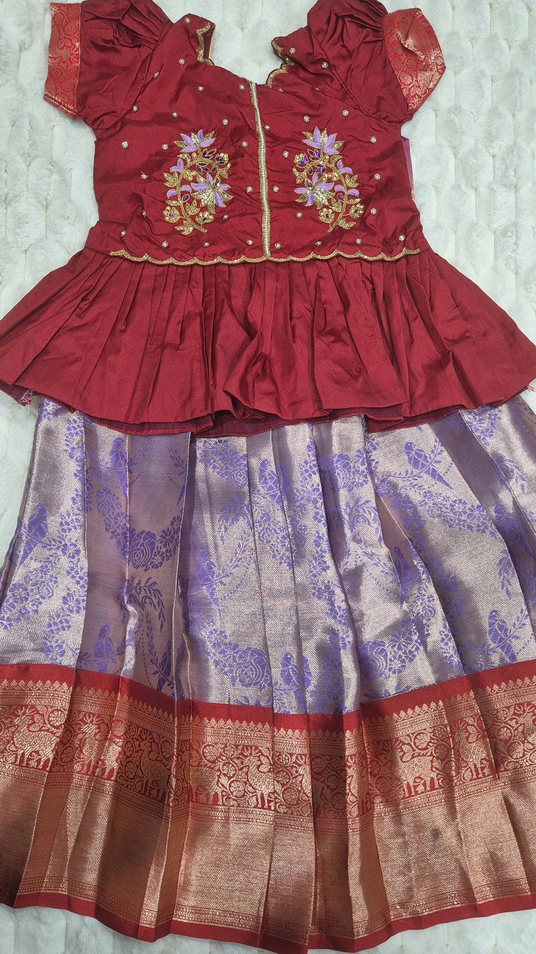 Purple Lavender Pattu Pavadai with Maggam Work Blouse – Kids 3 to 5 Years