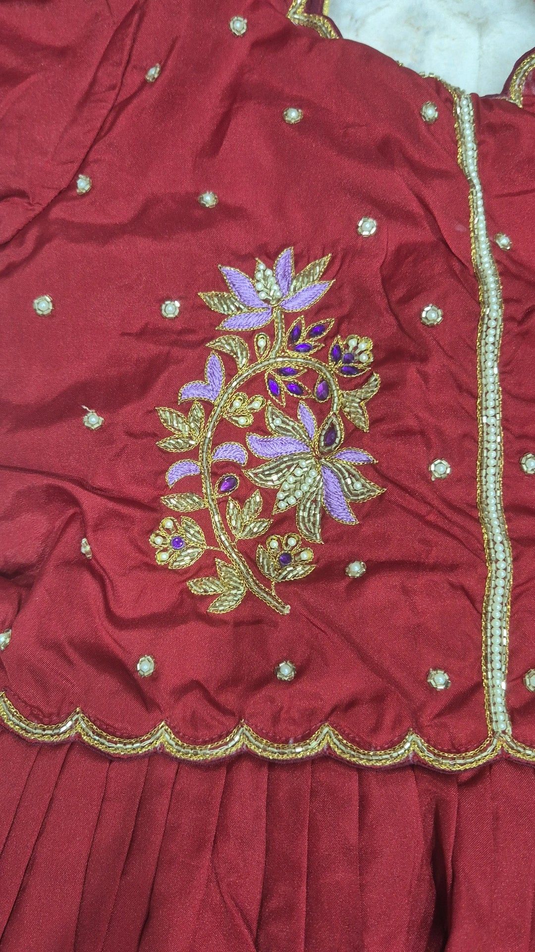 Purple Lavender Pattu Pavadai with Maggam Work Blouse – Kids 3 to 5 Years