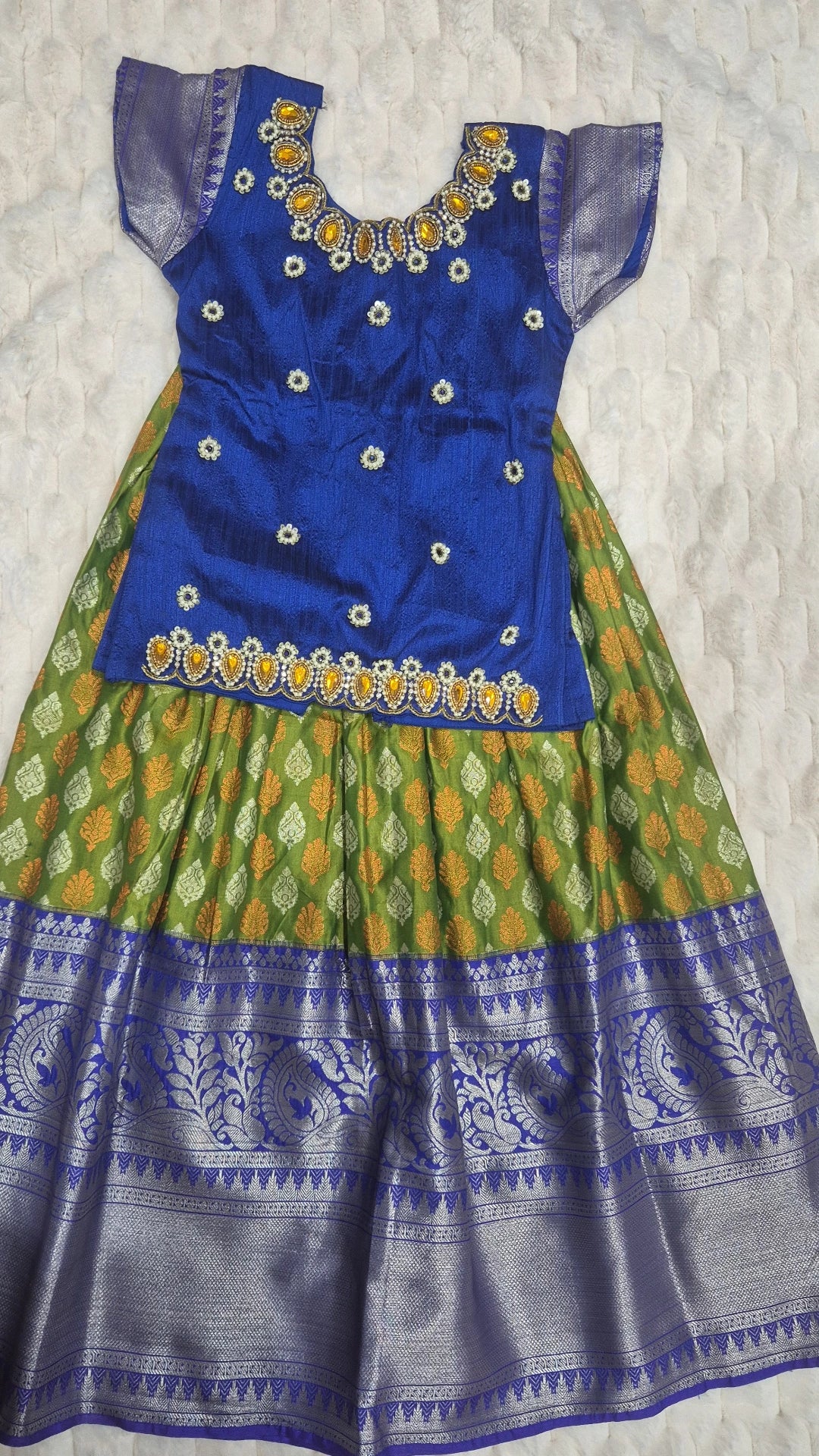 Royal Blue & Olive Green Pattu Pavadai with Maggam Work Blouse – Kids 3 to 5 Years