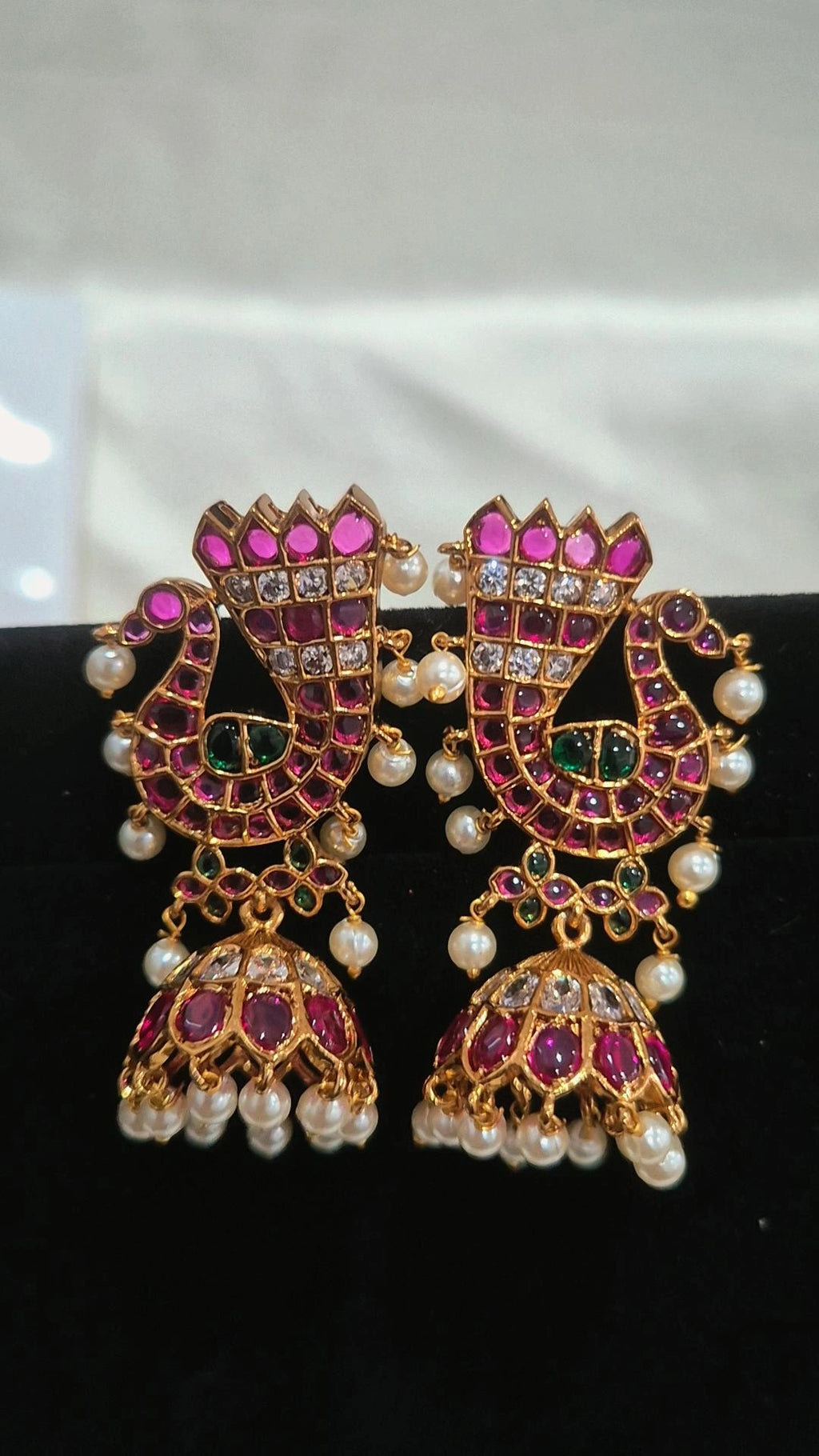 Peacock Jhumkas — Ruby Stones & Pink Pearl Drops