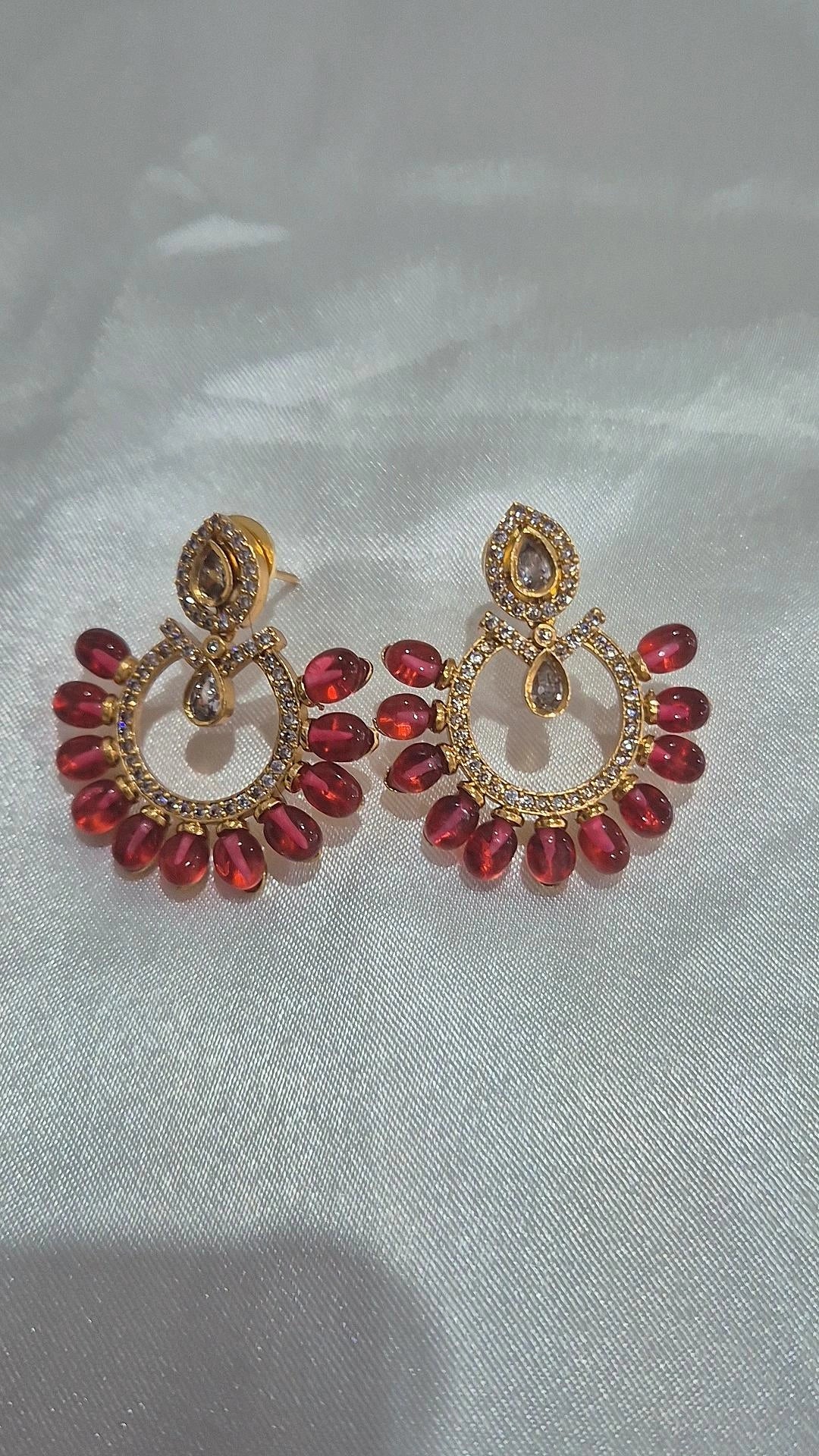 Red Chandbali Earrings — Ruby Cabochon & Polki