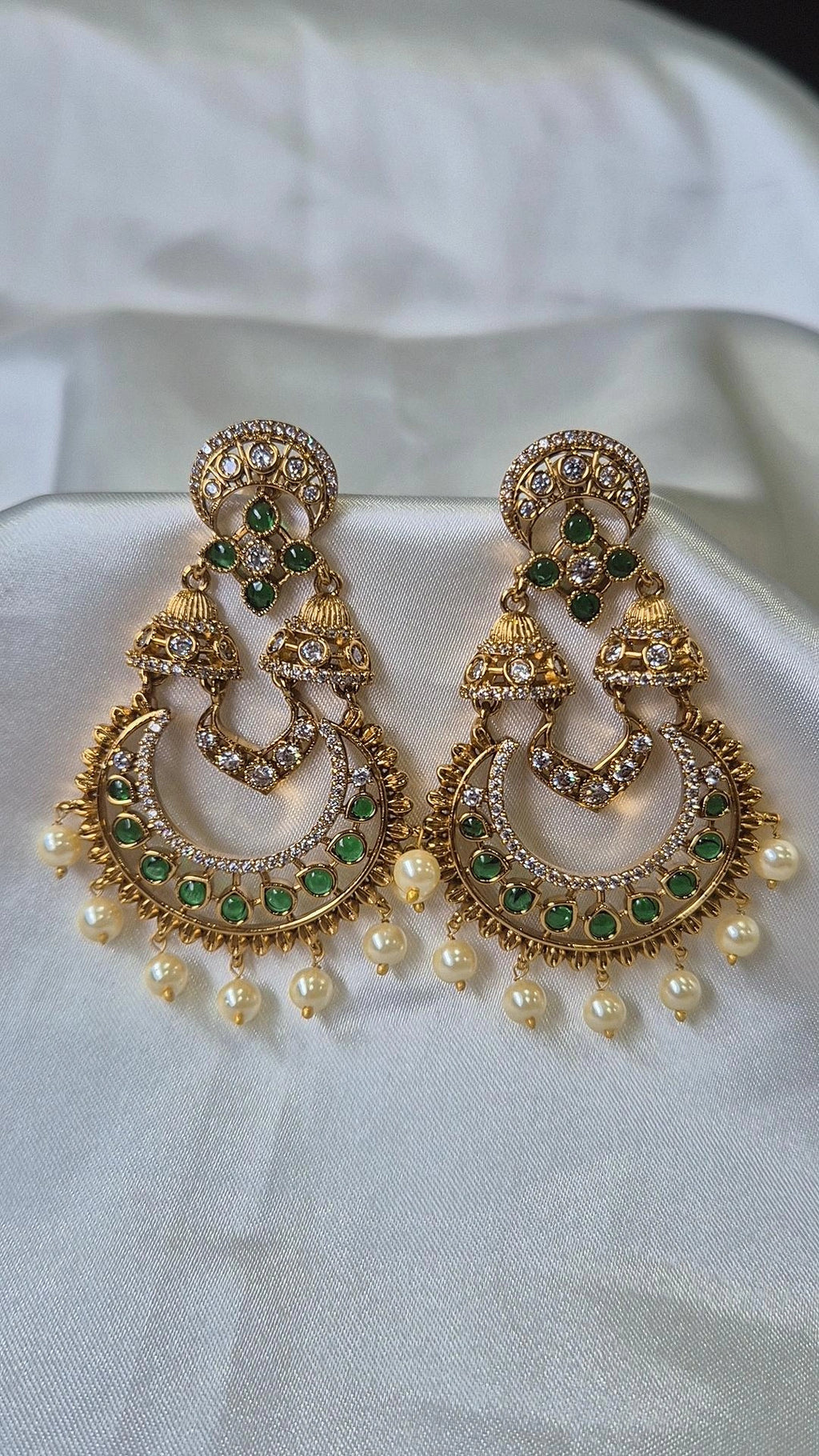 Chandbali Earrings — Emerald Green CZ & Pearl Drops