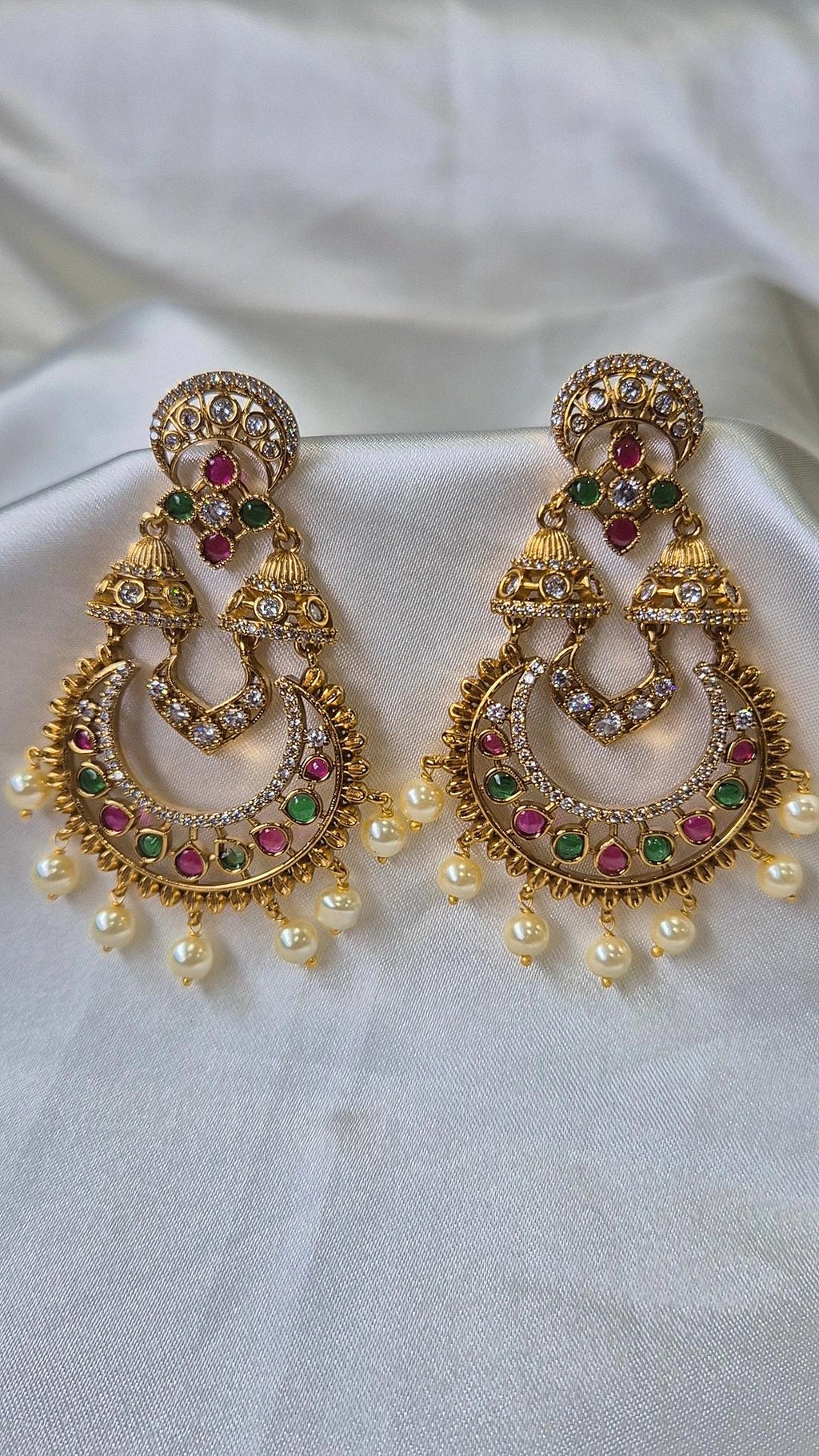 Chandbali Earrings — Ruby & Emerald CZ with Pearl Drops