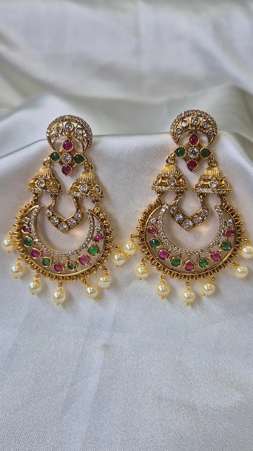 Chandbali Earrings — Ruby & Emerald CZ with Pearl Drops