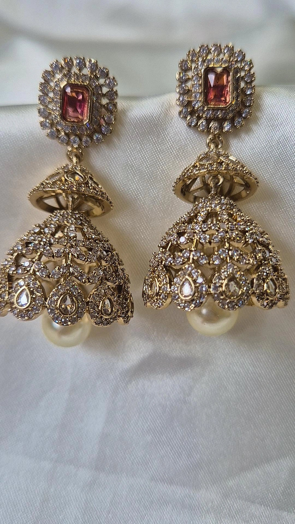 CZ Diamond Jhumkas — Pink Tourmaline & Pearl Drops