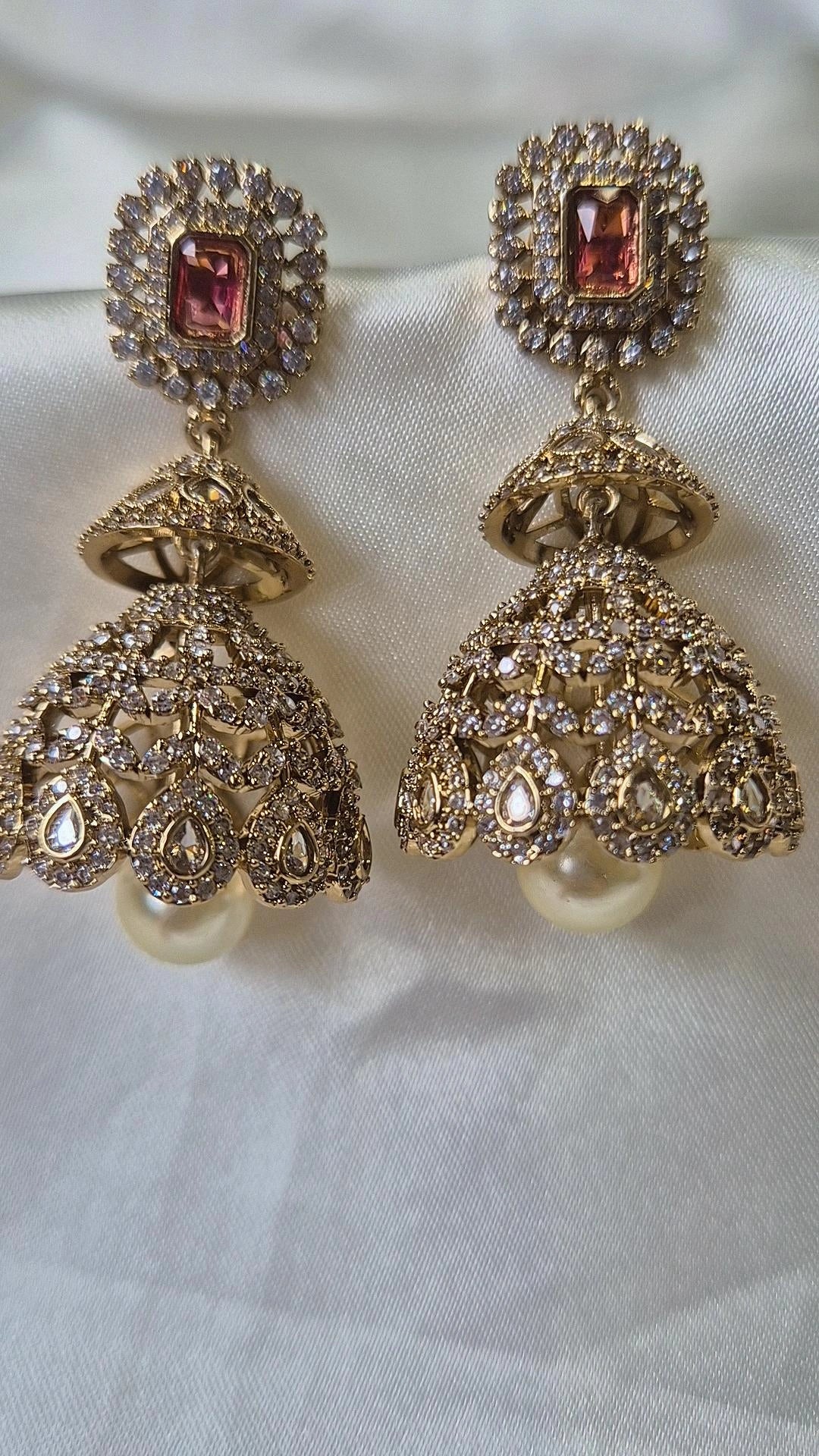 CZ Diamond Jhumkas — Pink Tourmaline & Pearl Drops