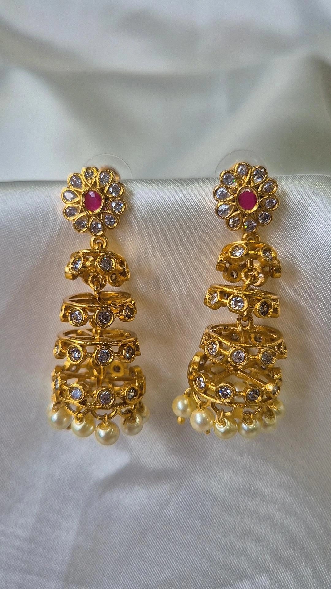 3-Tier Gold Jhumkas — CZ Diamond & Pearl Drops