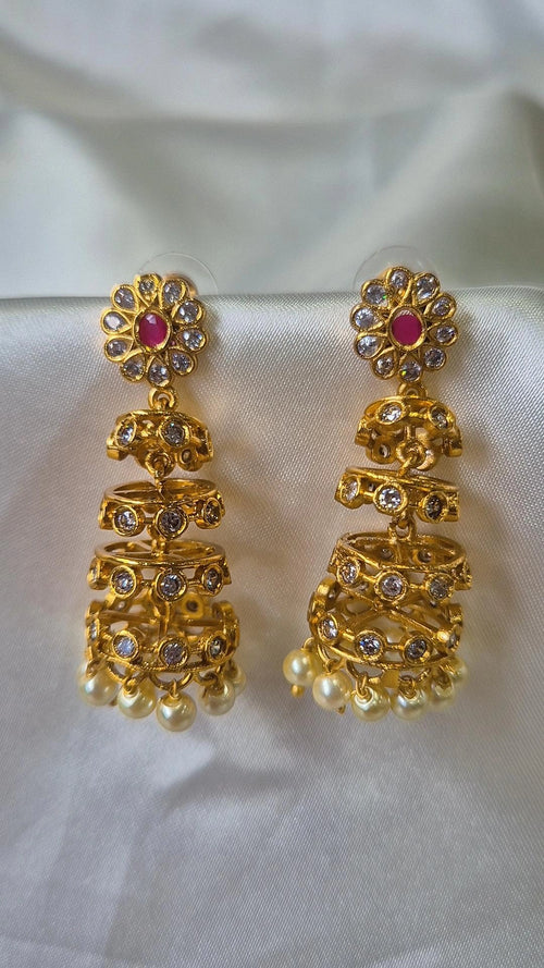 3-Tier Gold Jhumkas — CZ Diamond & Pearl Drops