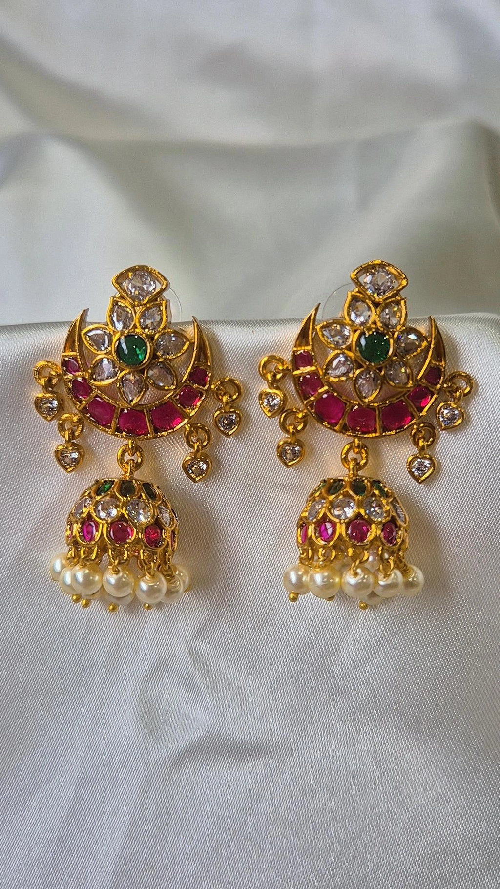Chandbali Jhumka Earrings — Ruby, Emerald & Pearl Drops