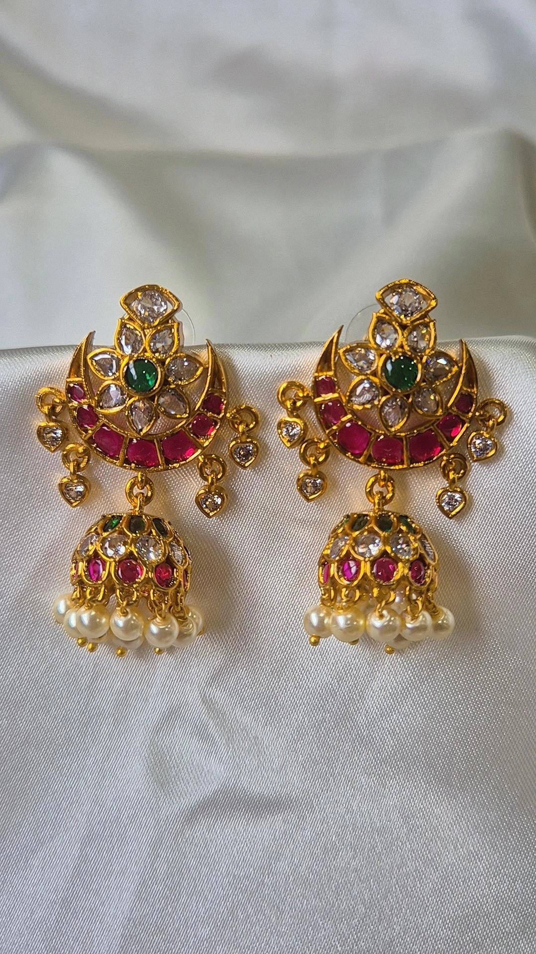 Chandbali Jhumka Earrings — Ruby, Emerald & Pearl Drops