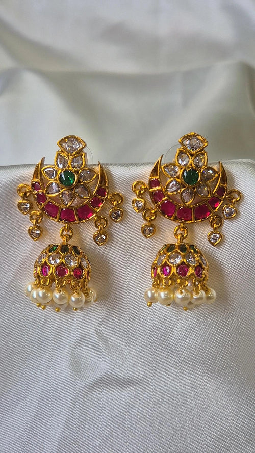 Chandbali Jhumka Earrings — Ruby, Emerald & Pearl Drops