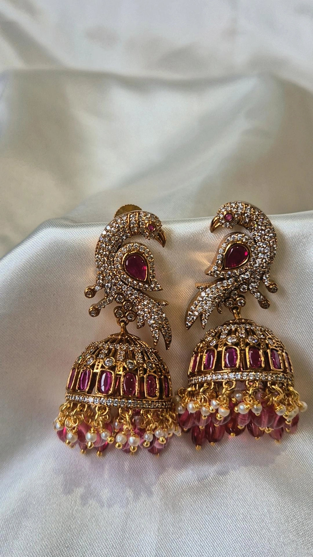 CZ Peacock Jhumkas — Ruby & Pink Bead Drops