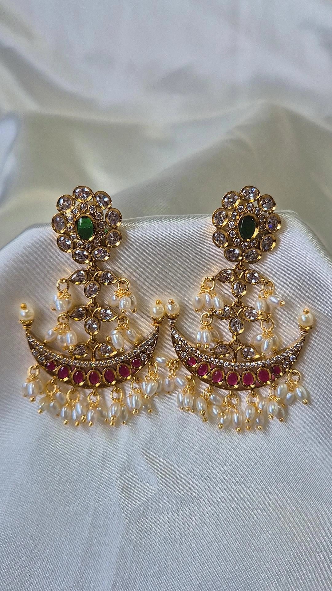 Gold Chandbali Earrings with Emerald & Ruby