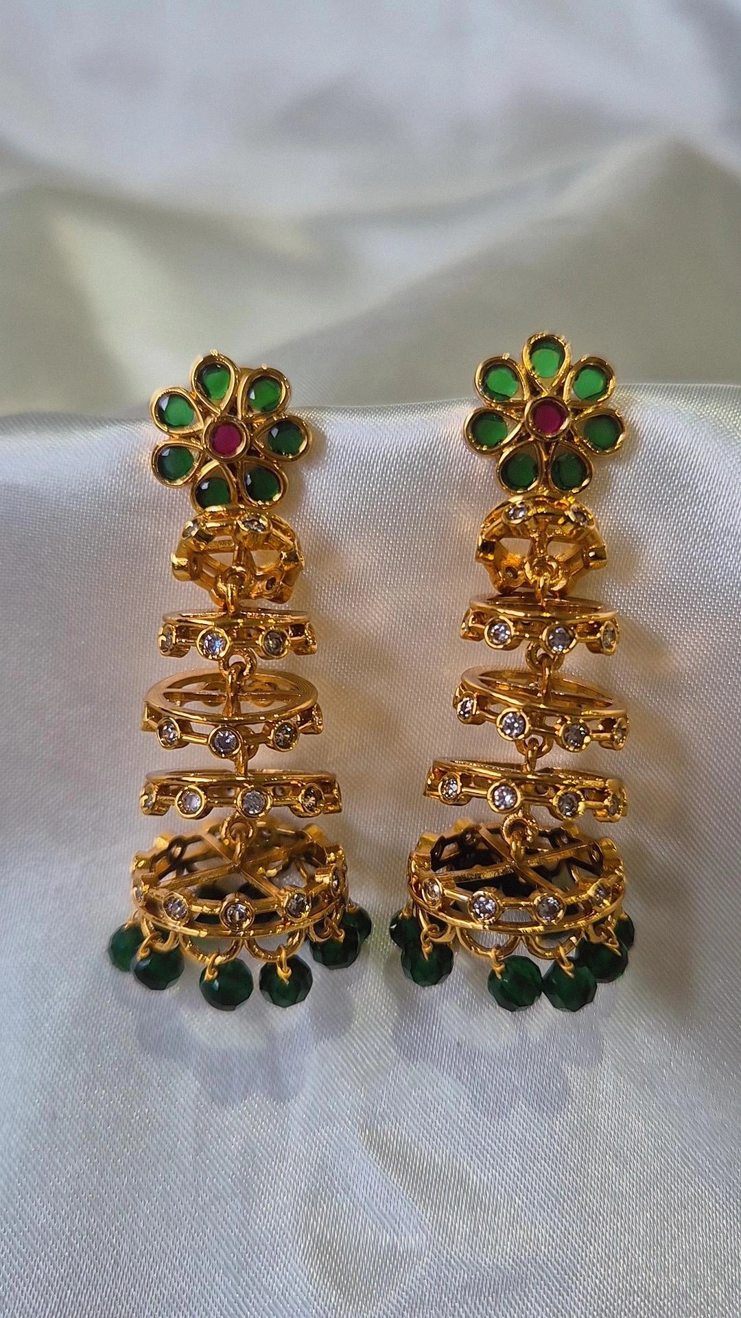 Gold Green Ruby Jhumka Earrings