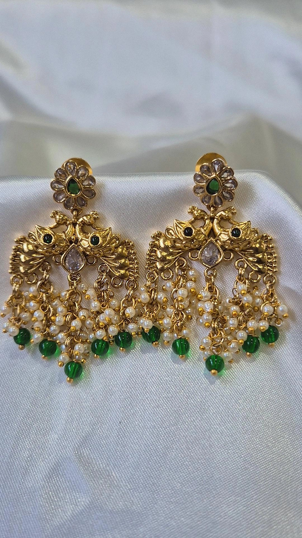 Gold Peacock Earrings with Pearl & Emerald Drops