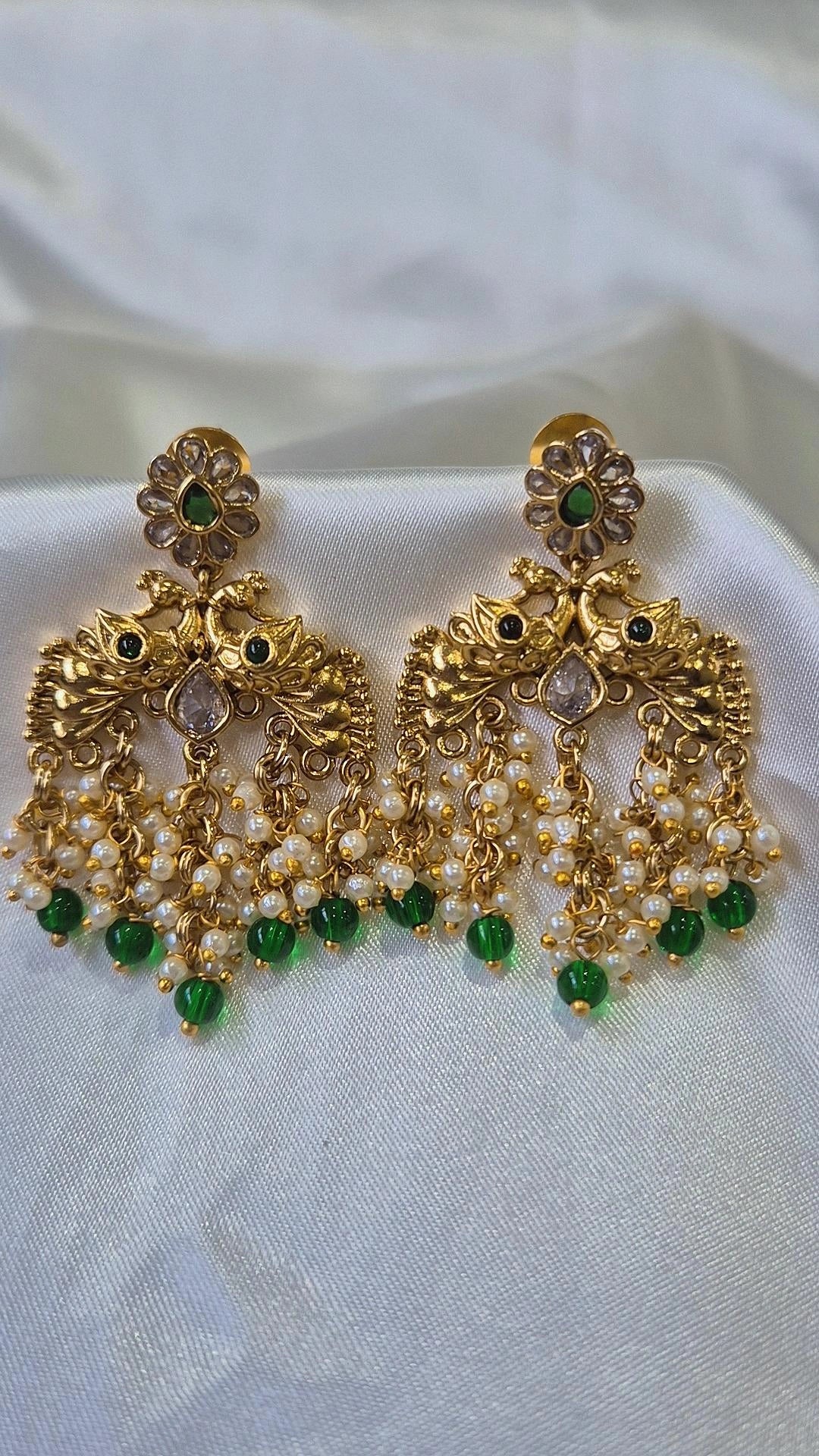 Gold Peacock Earrings with Pearl & Emerald Drops