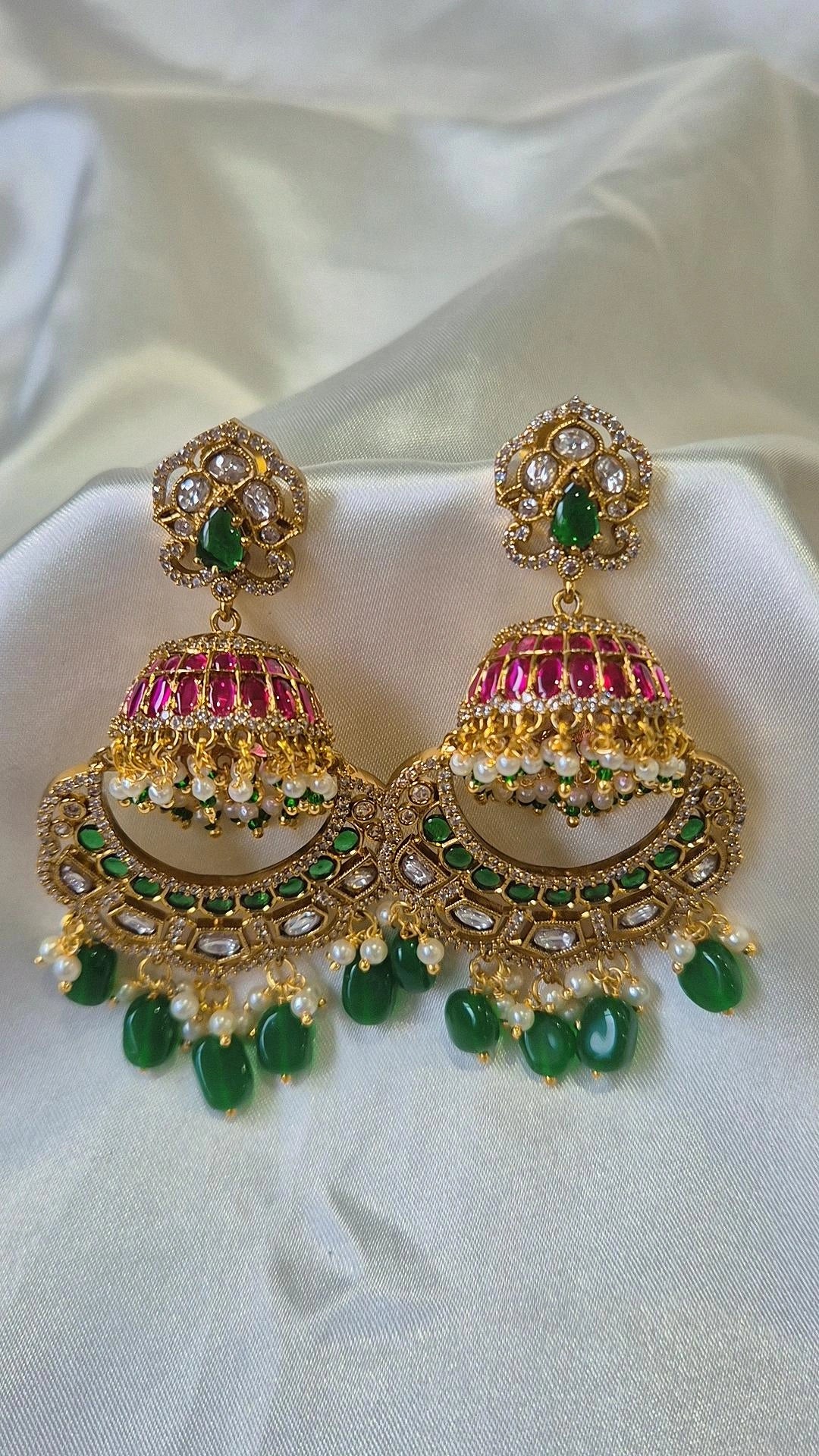 Gold Kundan Chandbali Jhumka Earrings with Emerald Drops