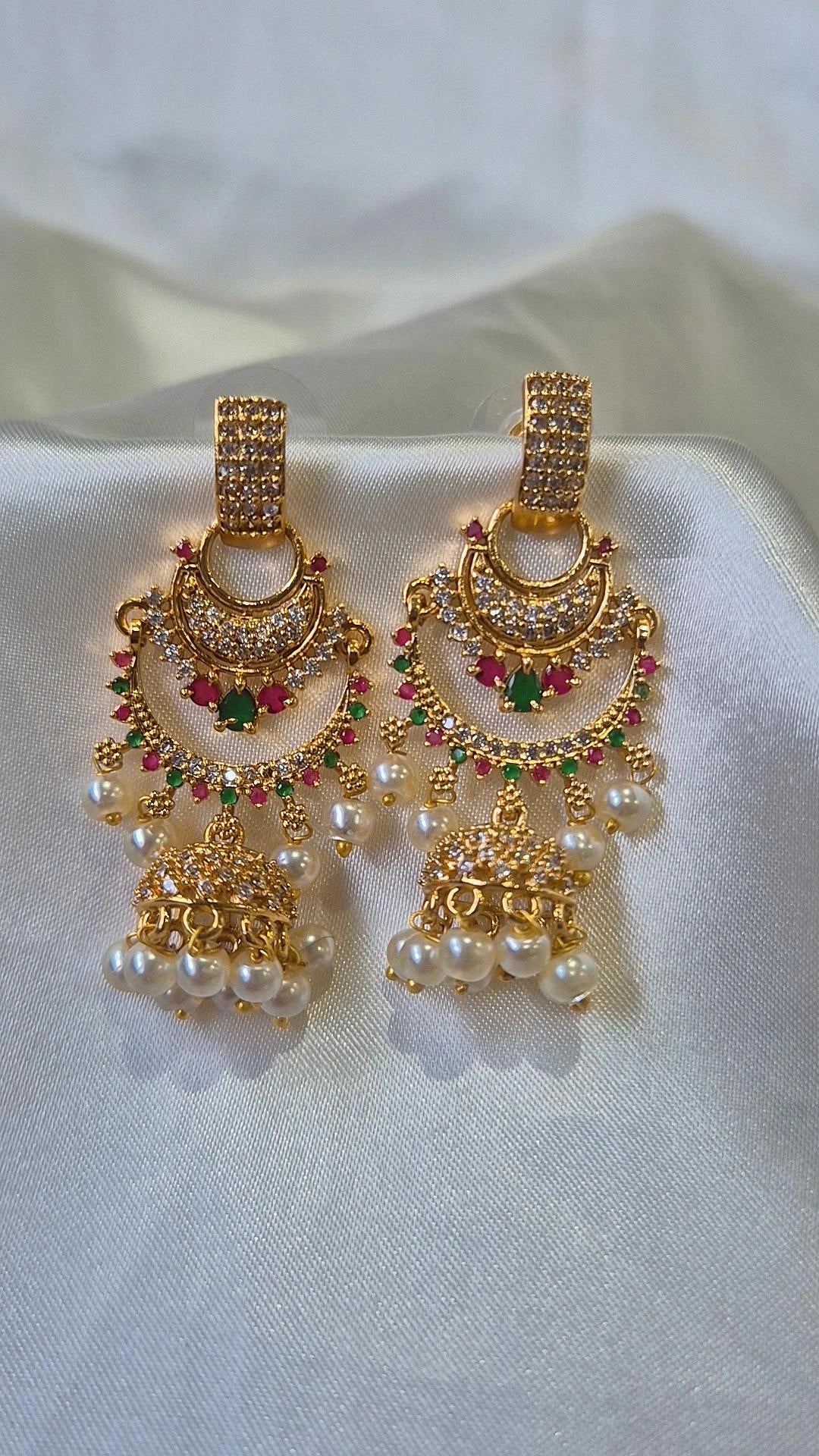Gold CZ Bar Stud Chandbali Jhumka Earrings
