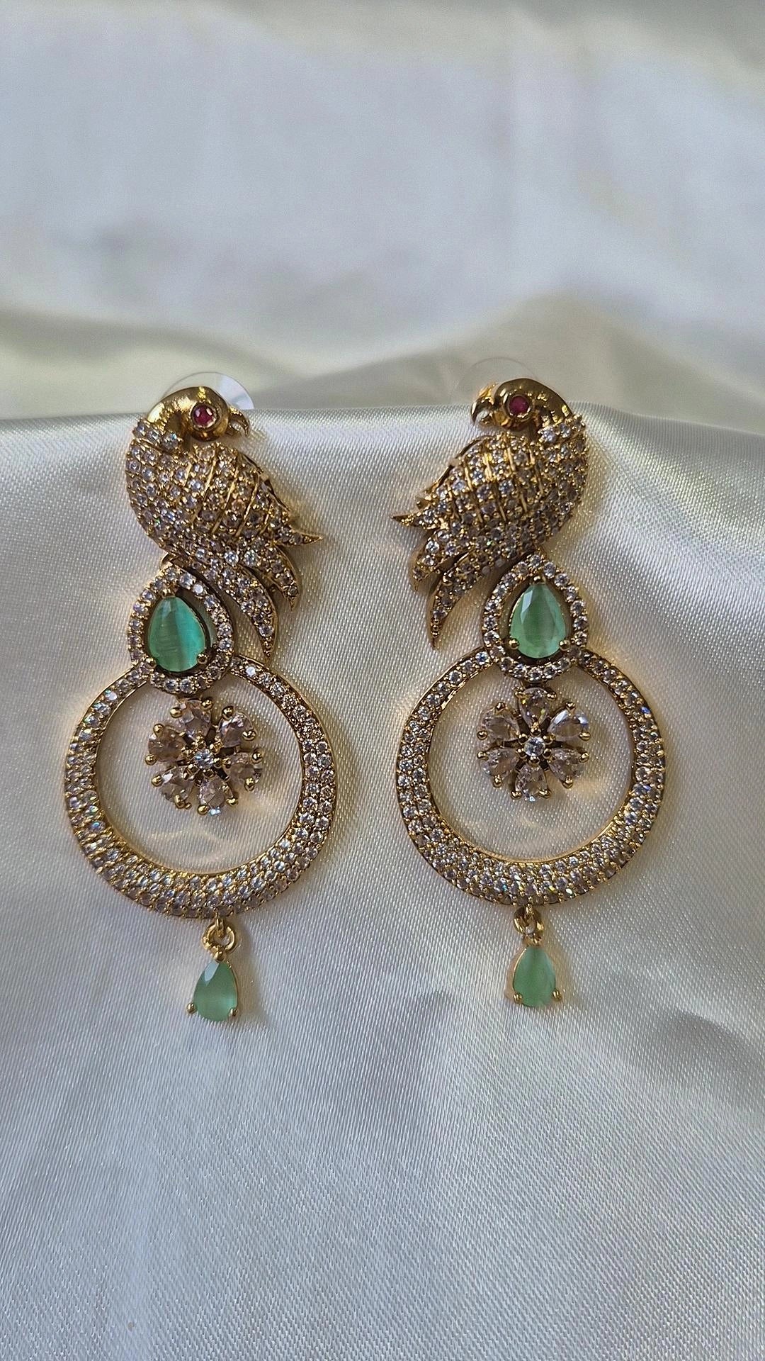 Gold Parrot Hoop Earrings with Mint Green Drops