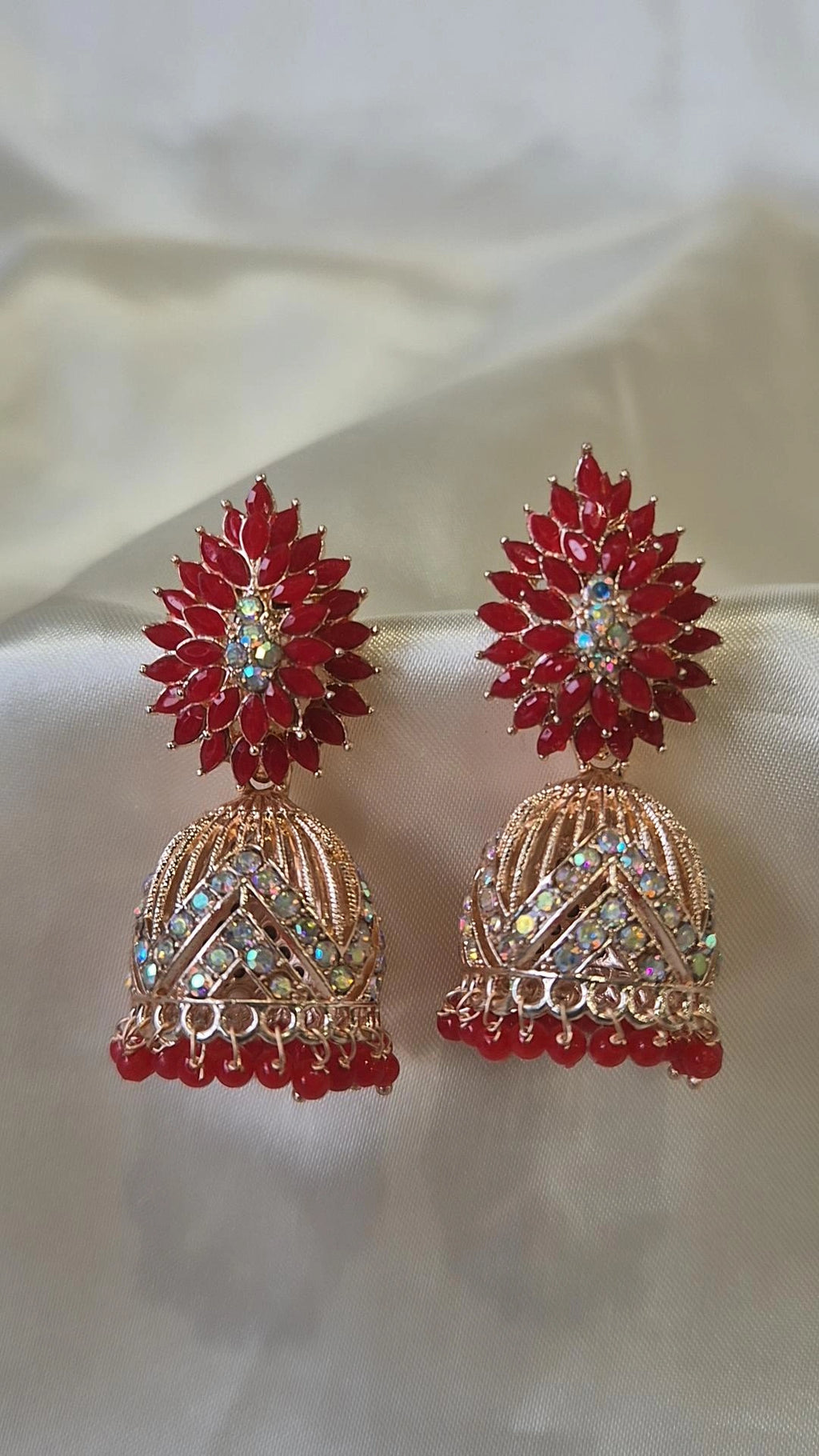Gold Ruby Red Flower Lattice Cage Jhumka Earrings