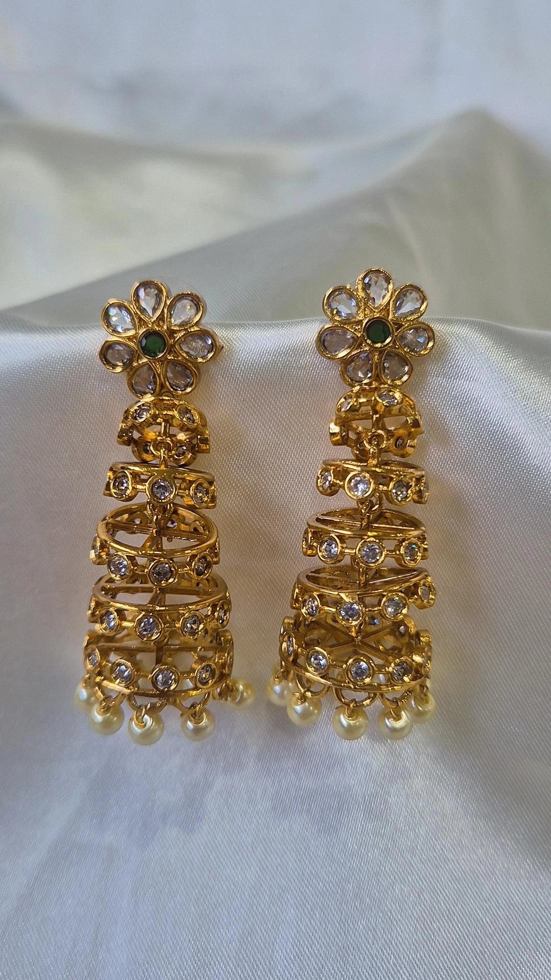 Gold Kundan Flower Multi-tier Cage Jhumka Earrings