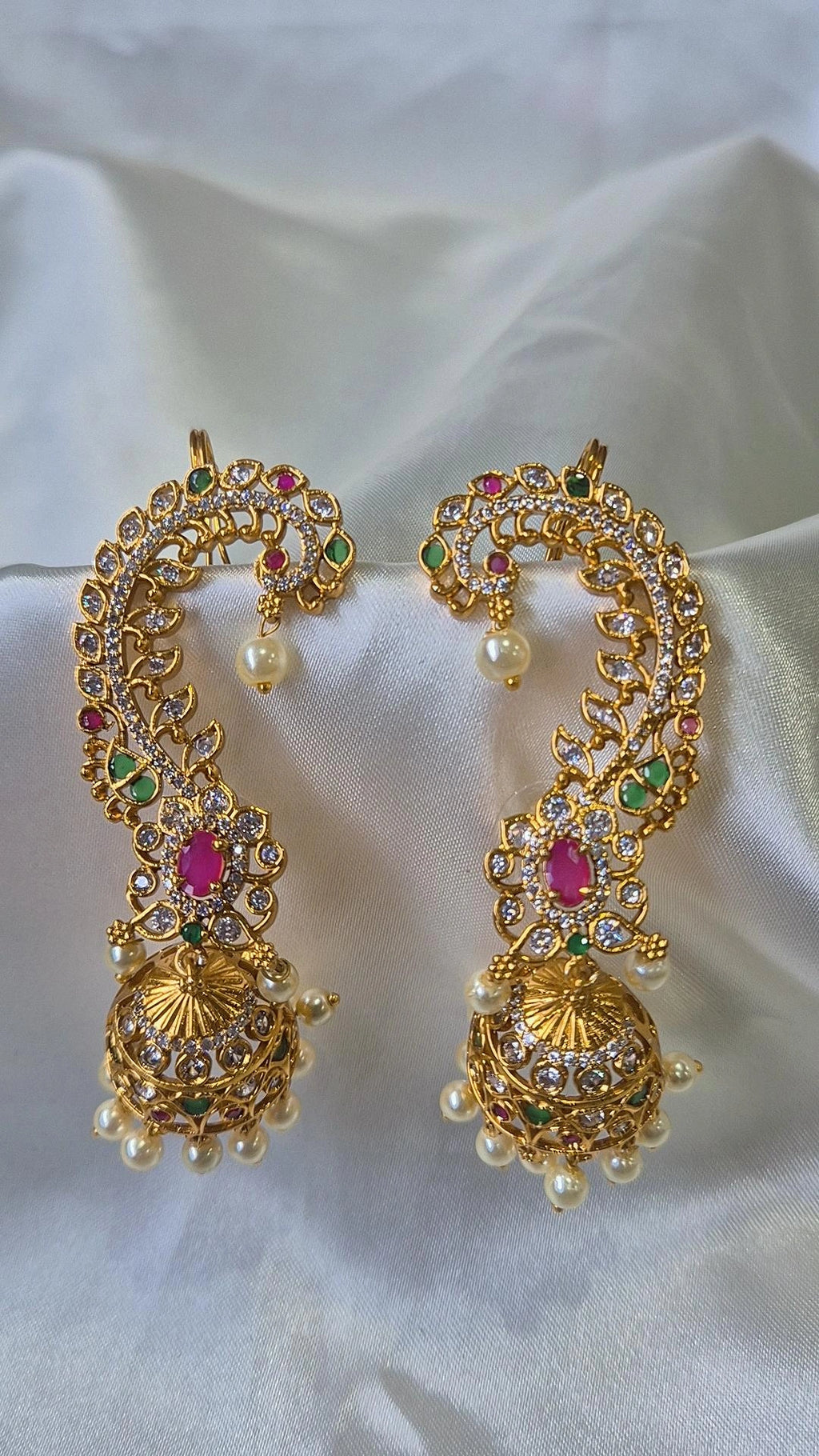 Gold CZ Ear Cuff Jhumka Earrings with Ruby Center