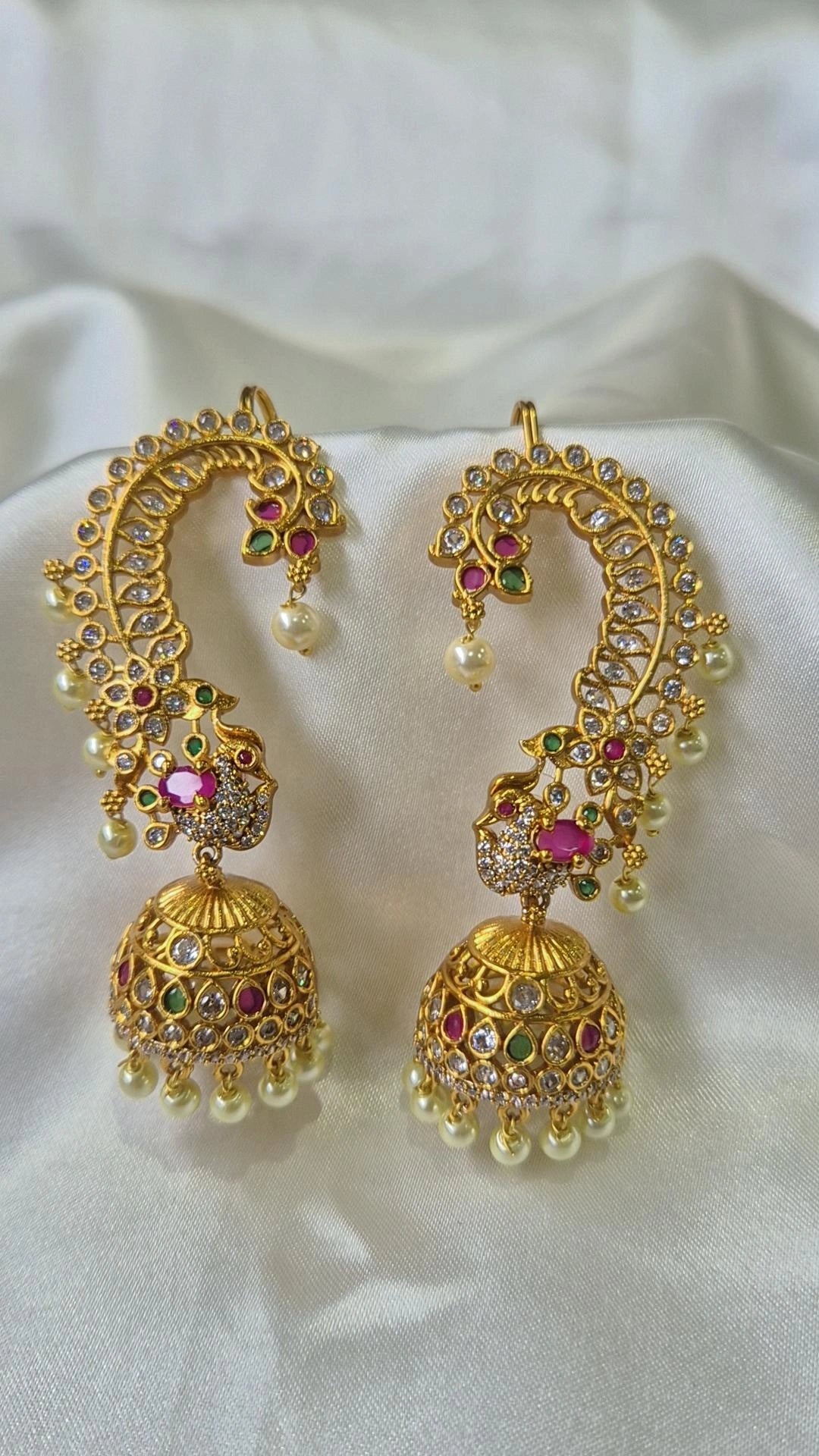 Gold Peacock Ear Cuff Jhumka Earrings