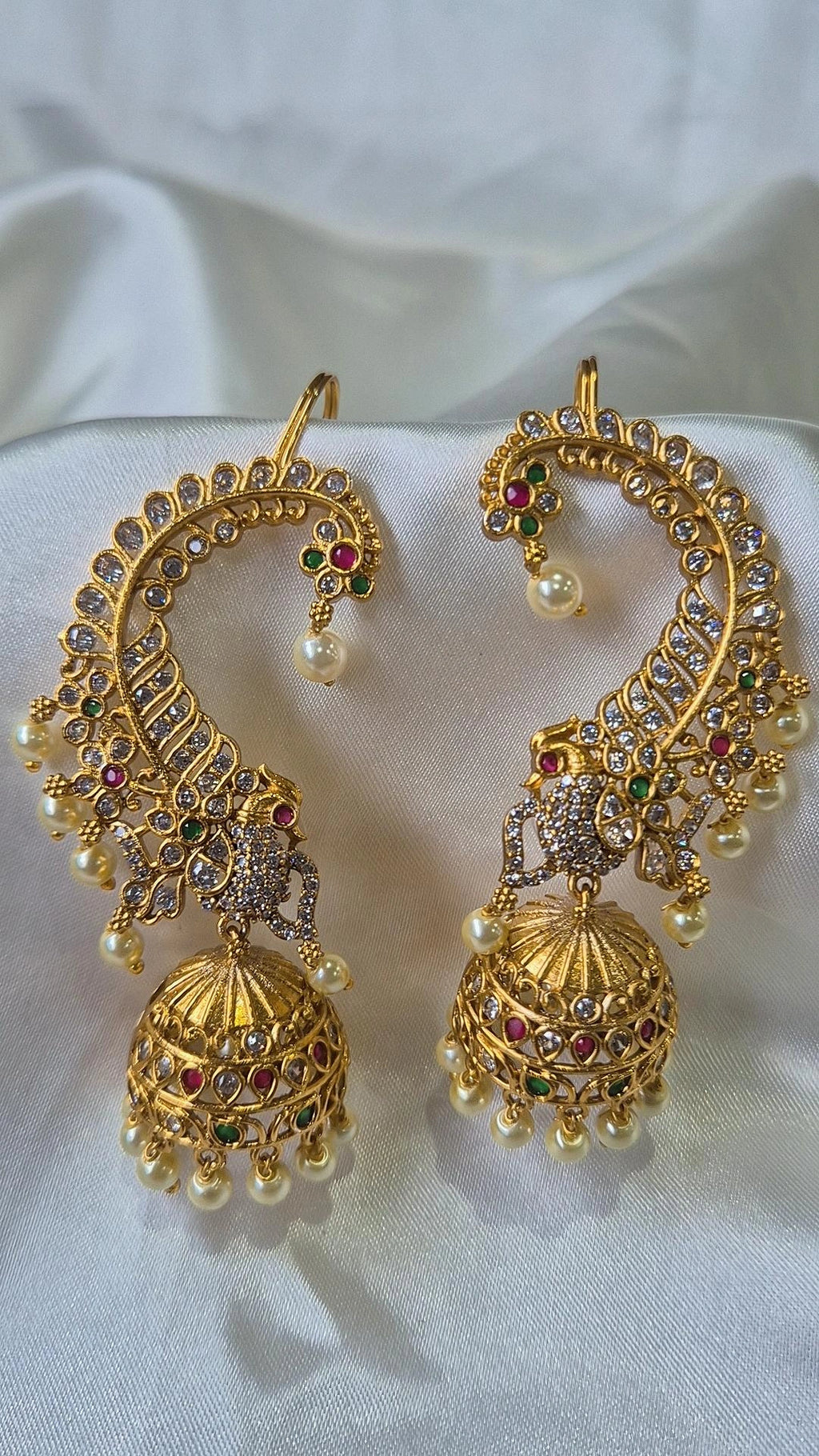 Gold Peacock Spread Wings Ear Cuff Jhumka Earrings