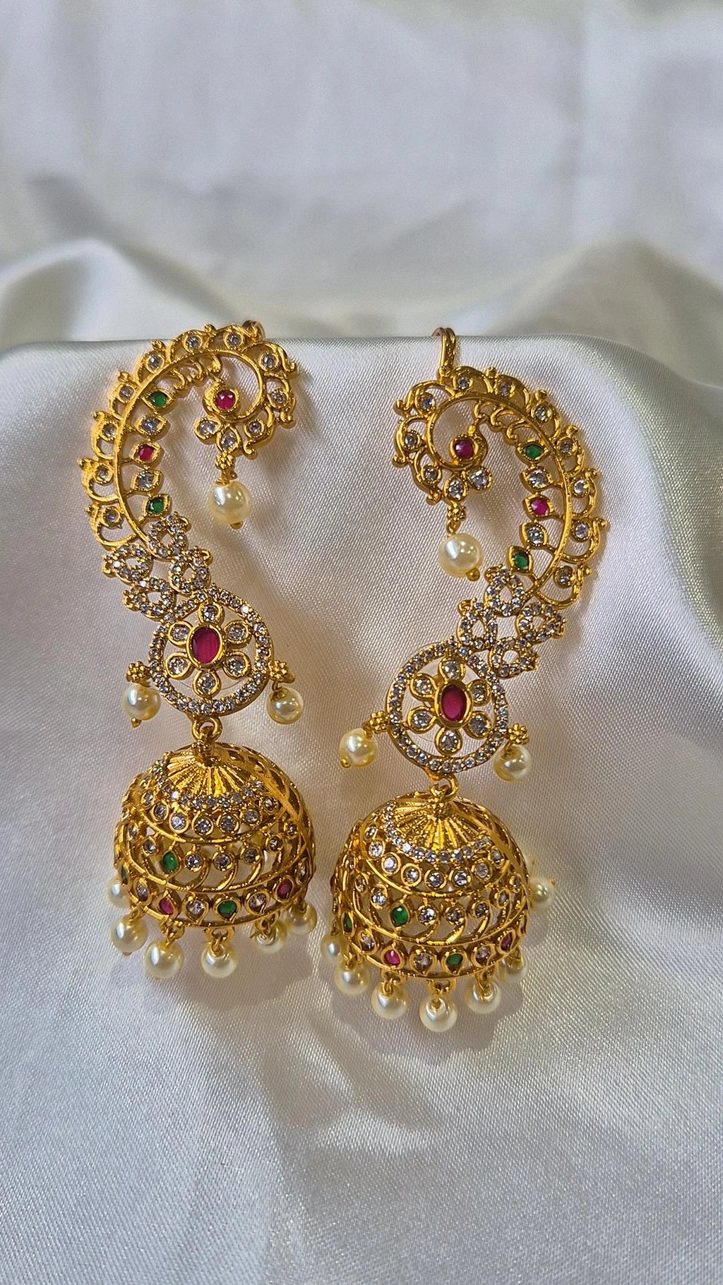 Gold Filigree Scrollwork Ear Cuff Jhumka Earrings