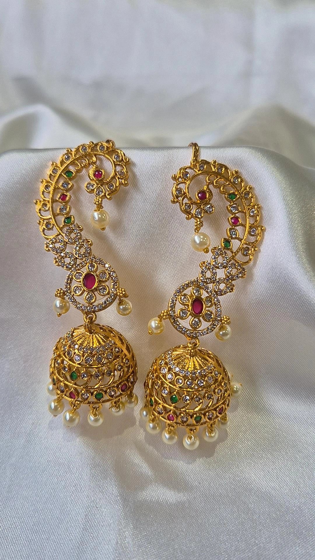 Gold Filigree Scrollwork Ear Cuff Jhumka Earrings